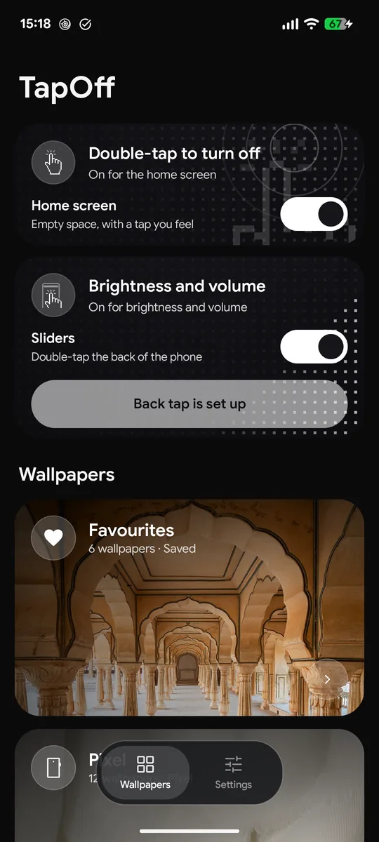 TapOff's main screen in dark mode: the double-tap and sliders switches, then wallpaper collections