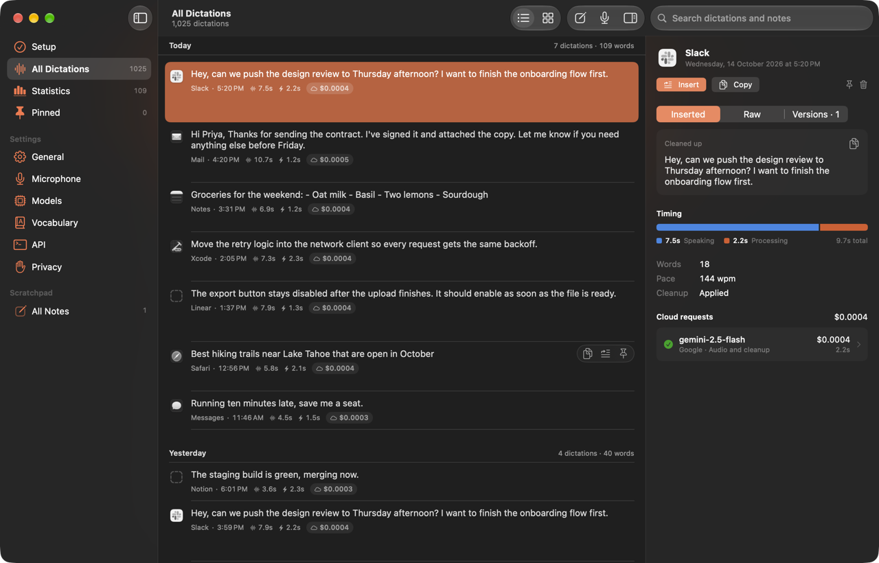 Flow's main window, listing recent dictations with a details panel for the selected one