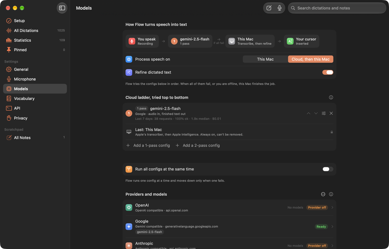 Settings › Models, showing the route from speech to your cursor and a one-pass Gemini config
