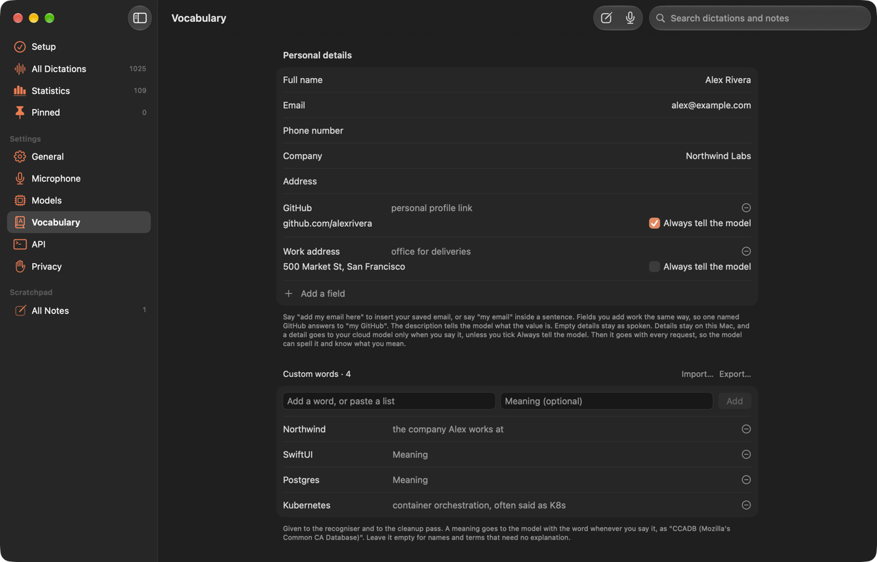 Settings › Vocabulary, with personal details, a custom GitHub field, and custom words with meanings