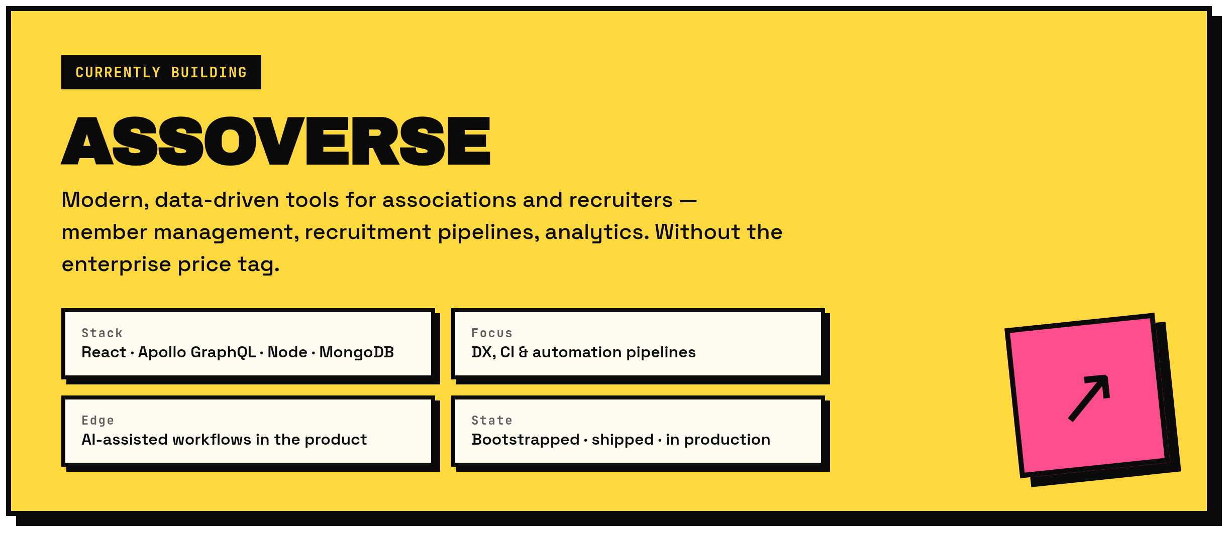 Assoverse — modern, data-driven tools for associations and recruiters. React, Apollo GraphQL, Node, MongoDB. Bootstrapped, shipped, in production.