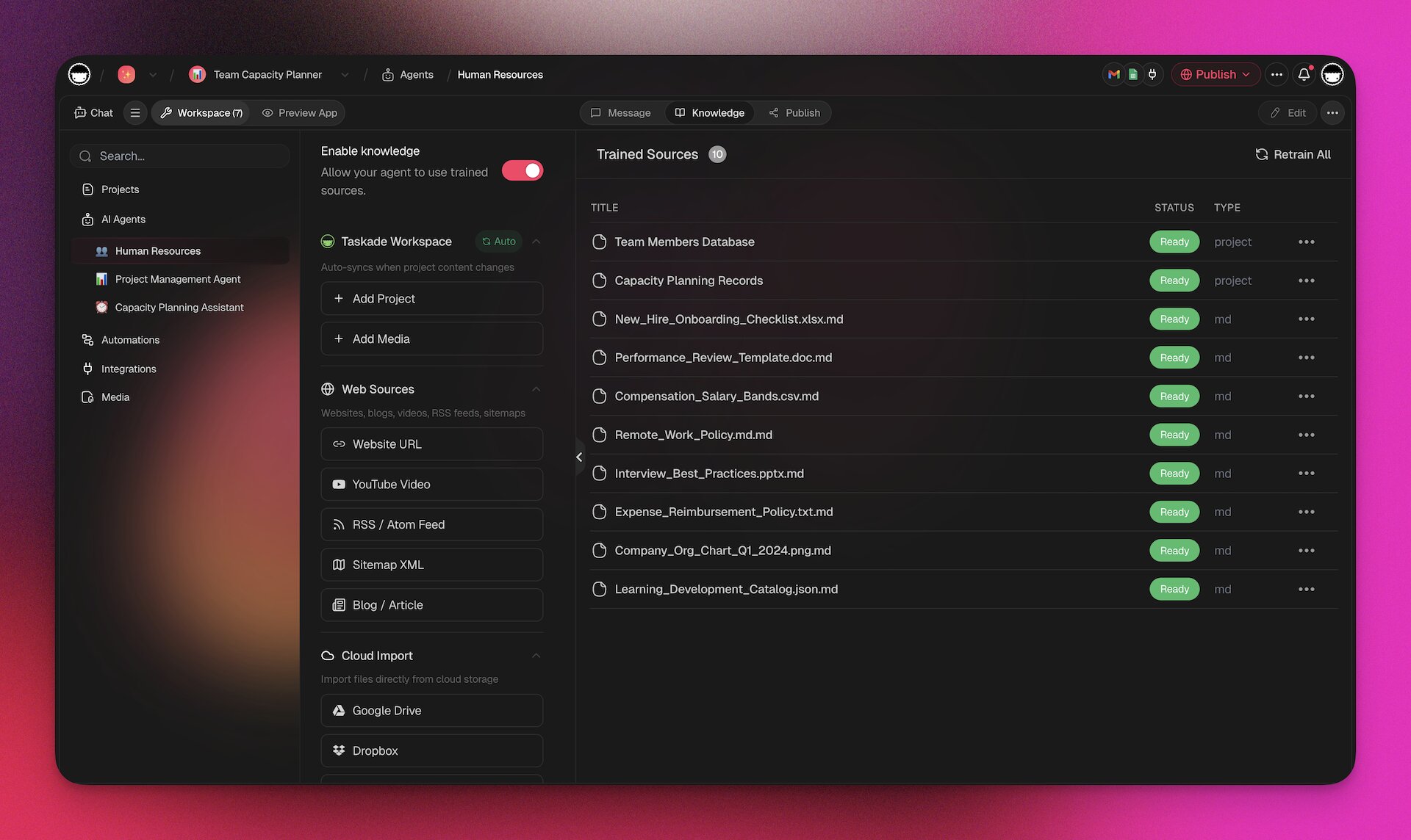 Taskade AI Agent Training Interface