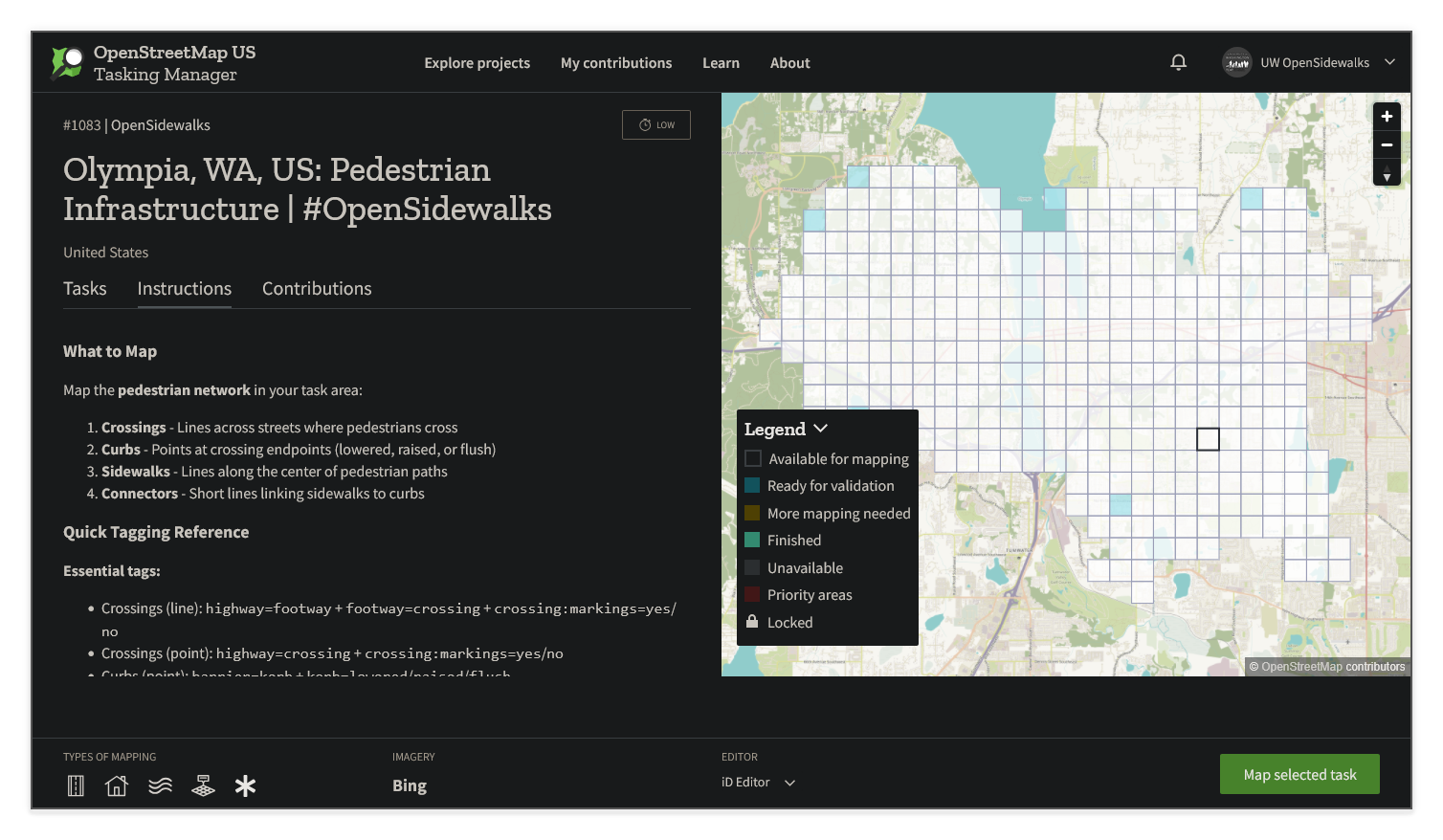 Screenshot of an OpenSidewalks project in the Tasking Manager with the task sidebar showing the Instructions tab, essential tags, and a Map selected task button at the bottom right.