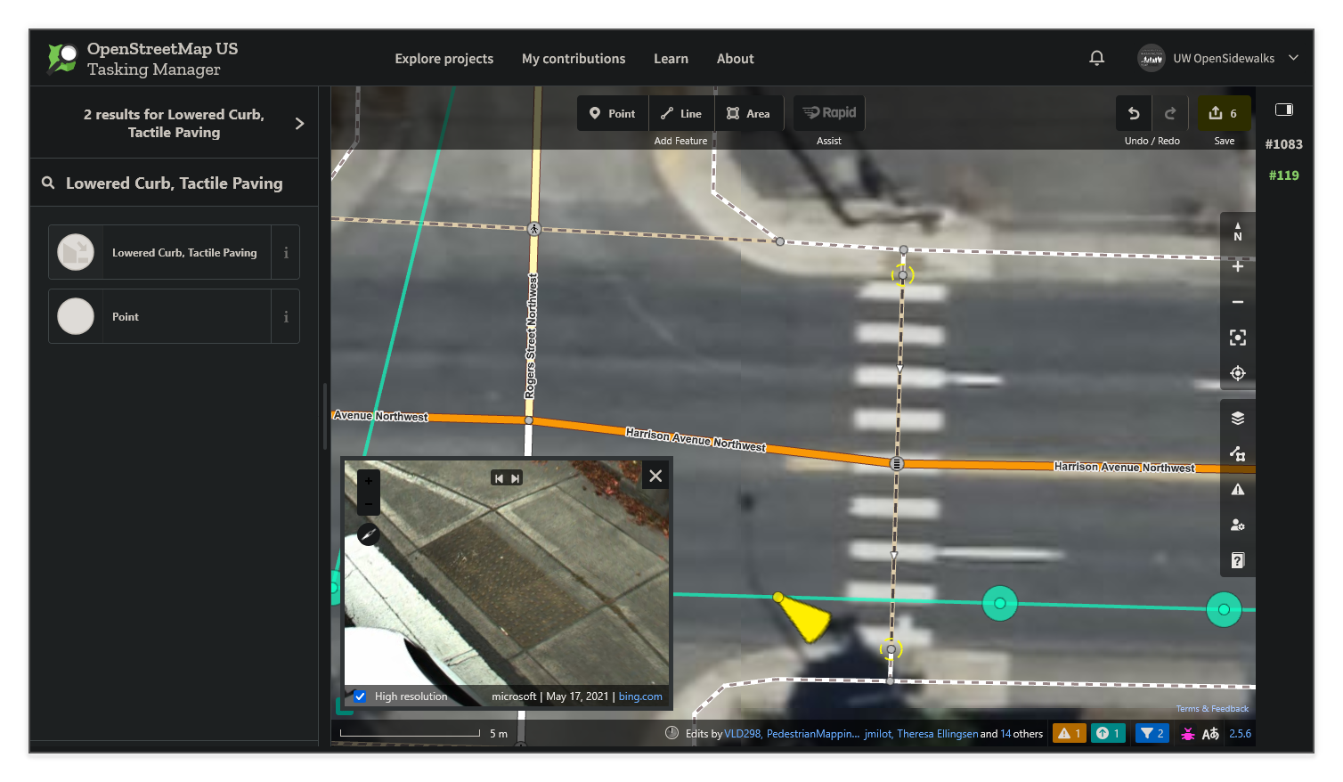 Screenshot of the Rapid editor with the feature search panel open showing results for "Lowered Curb, Tactile Paving", and a Bing Streetside viewer in the lower left showing a curb ramp with tactile paving at a crossing.