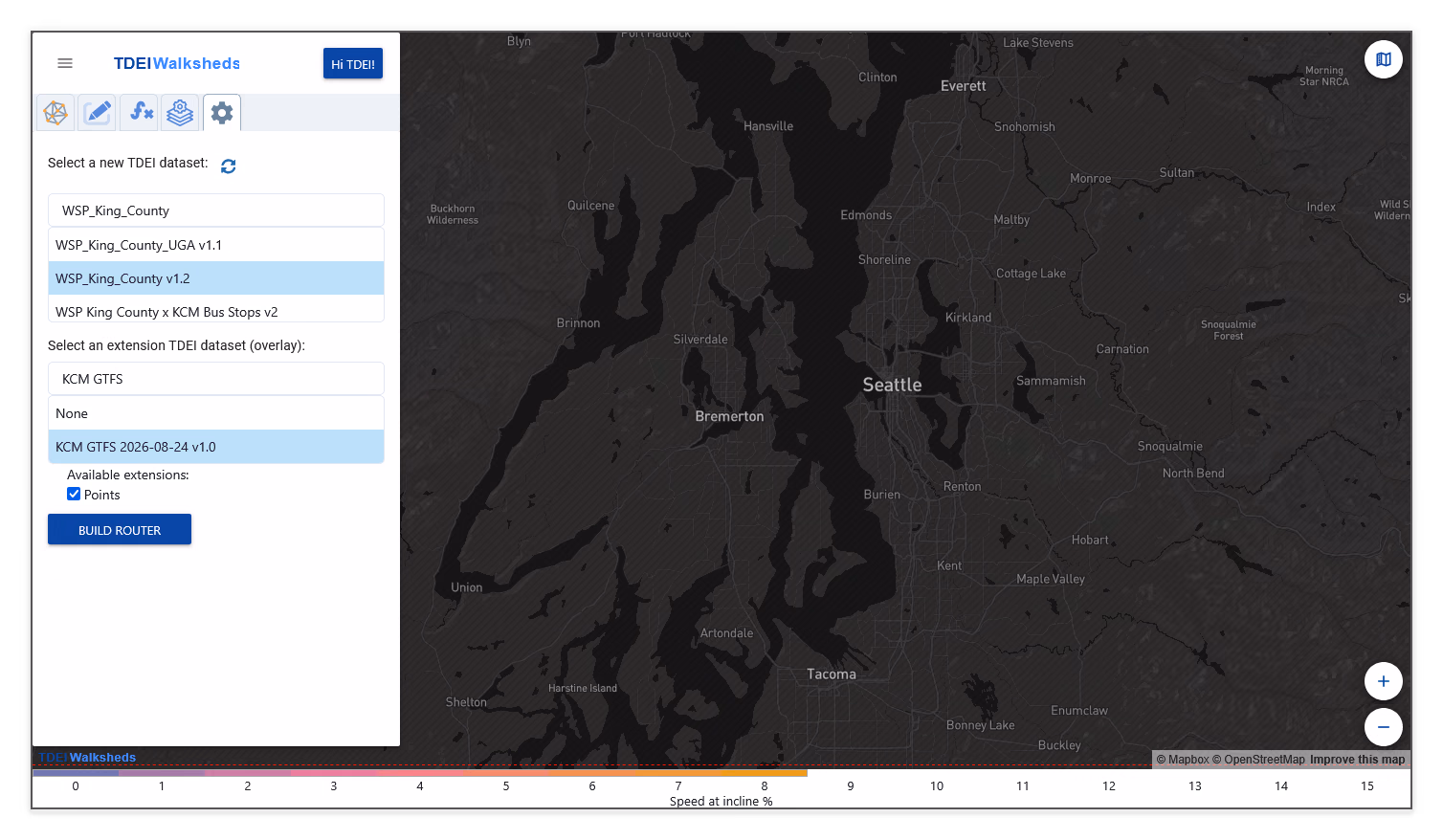 Walksheds settings showing a selected base dataset, the KCM GTFS extension dataset, and Points listed as an available extension