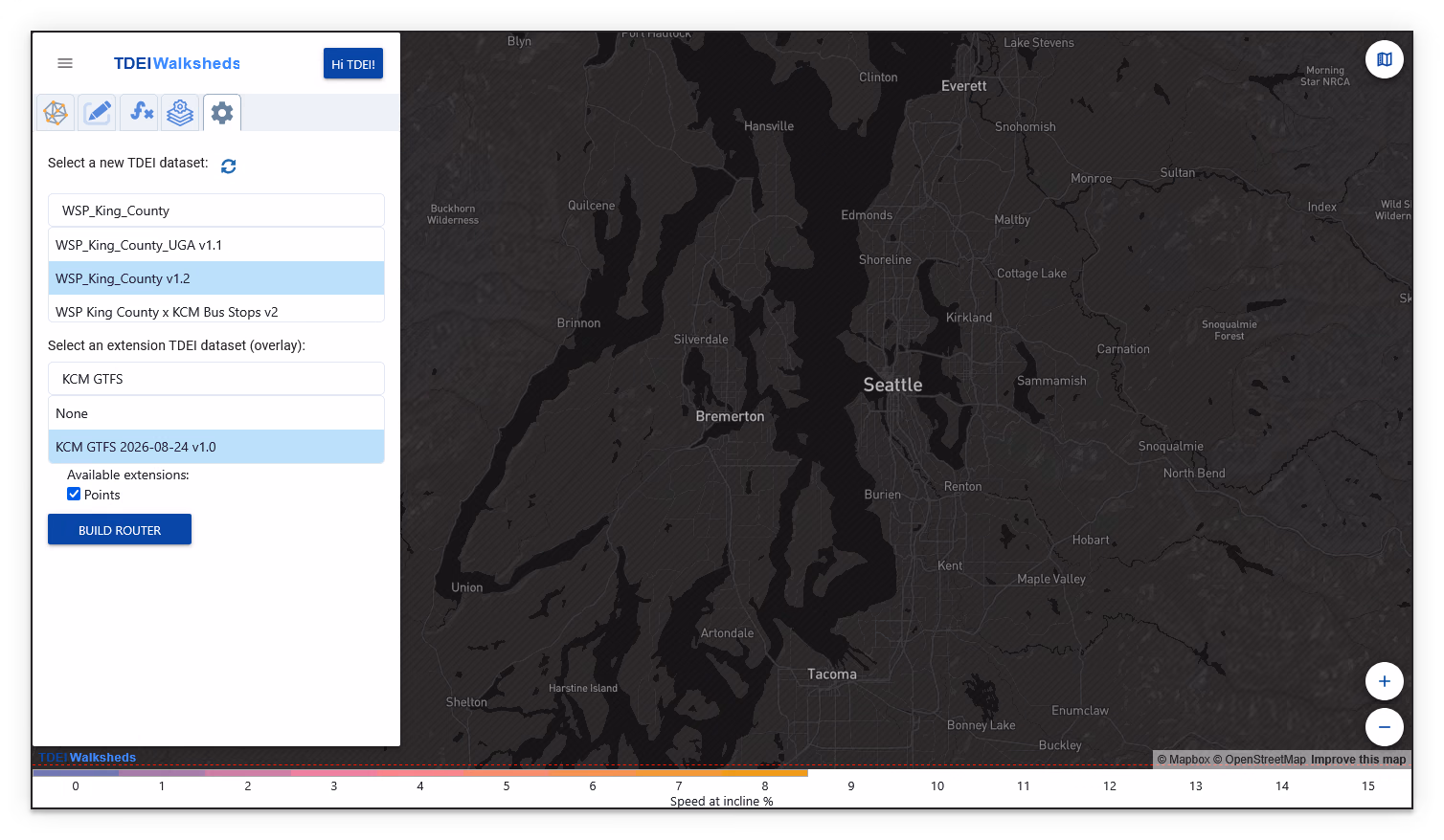 Walksheds settings showing a selected base dataset, the KCM GTFS extension dataset, and Points listed as an available extension