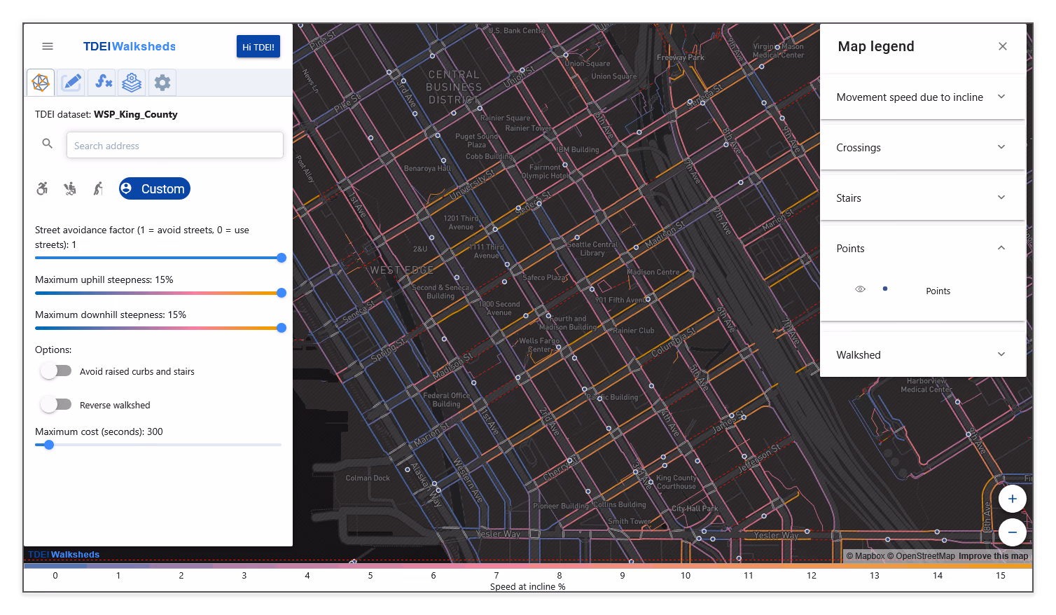 Walksheds map with the Points extension overlay visible