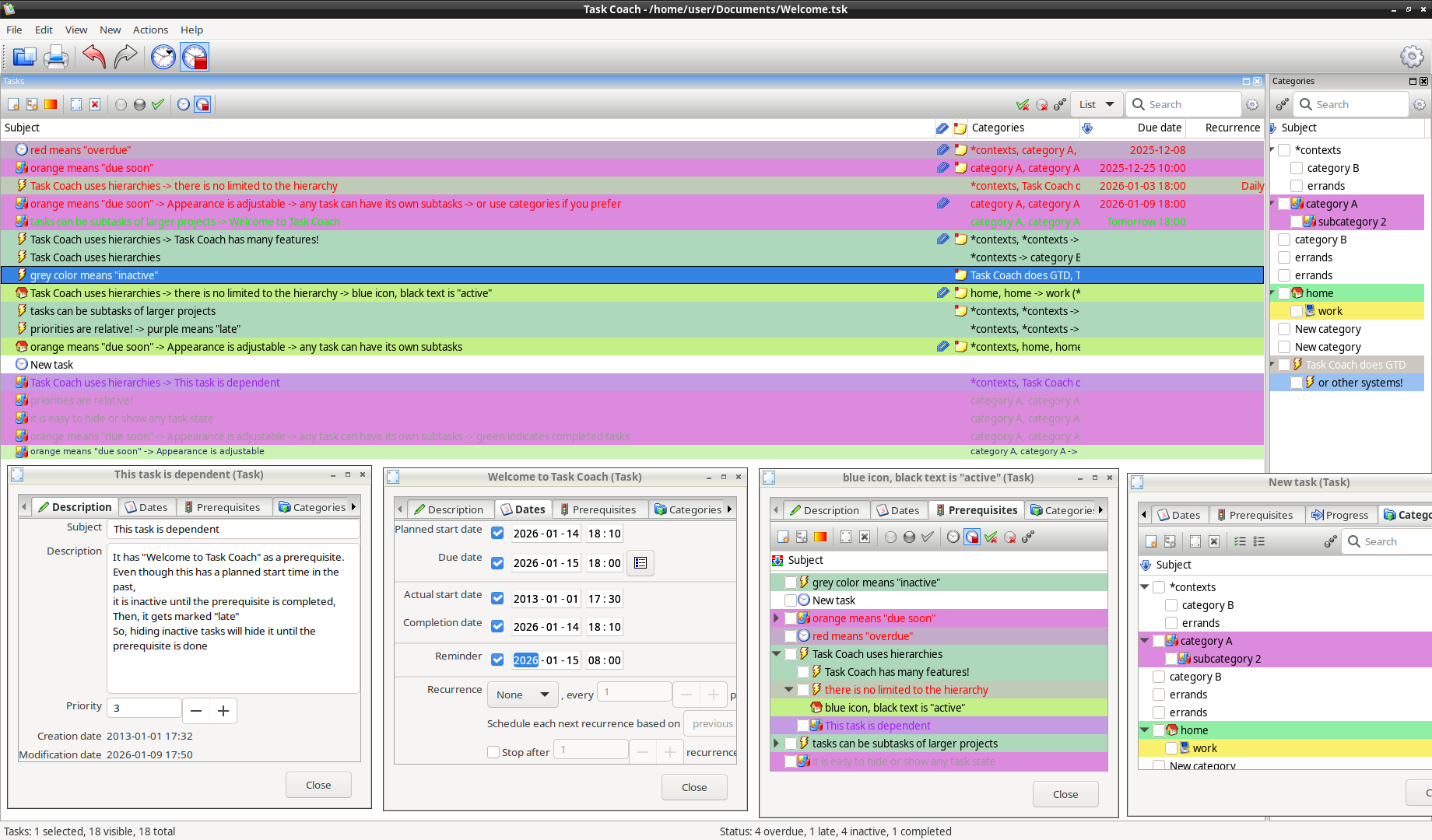 Task Coach main window with task list and editors