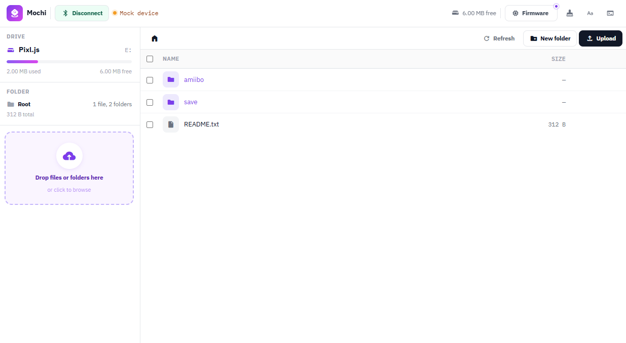 Mochi file browser showing a connected device with folders and files