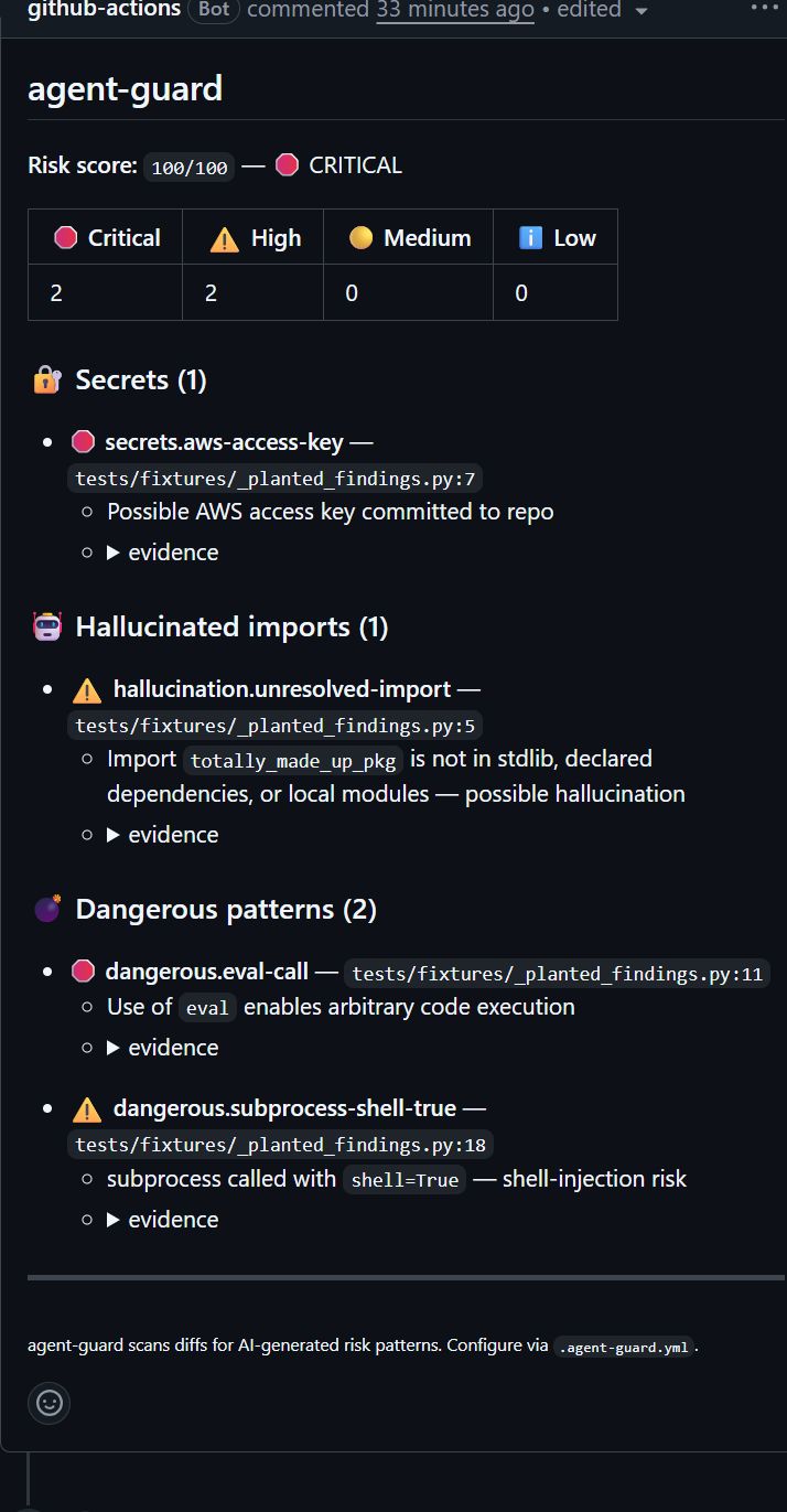 Sample agent-guard PR comment showing risk score, severity tally, and grouped findings