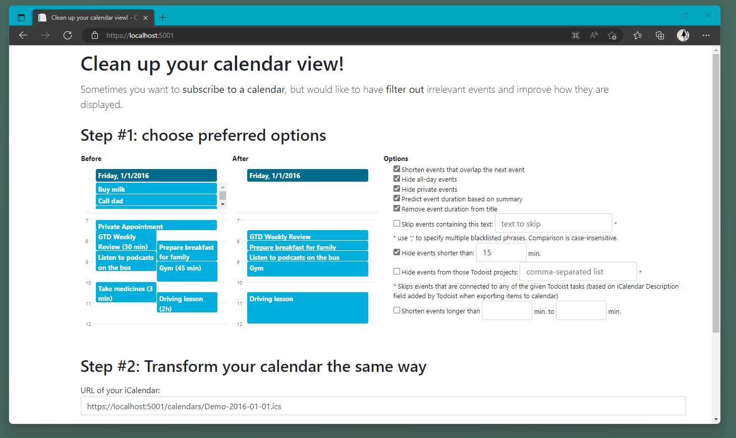 Calendar Filter example screenshot