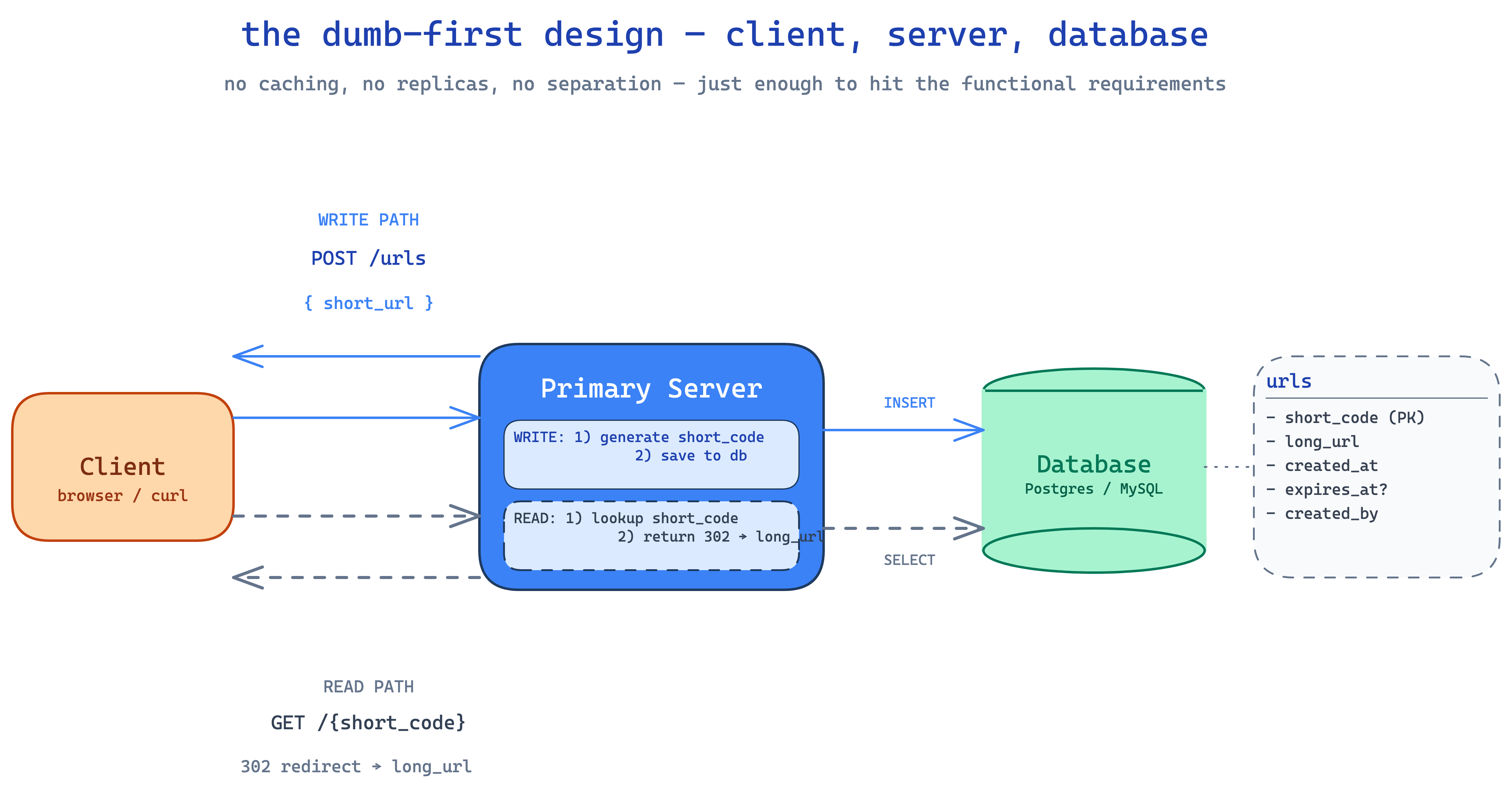 basic bit.ly architecture — client posts to a primary server, server reads/writes a single database for both shortening and redirecting
