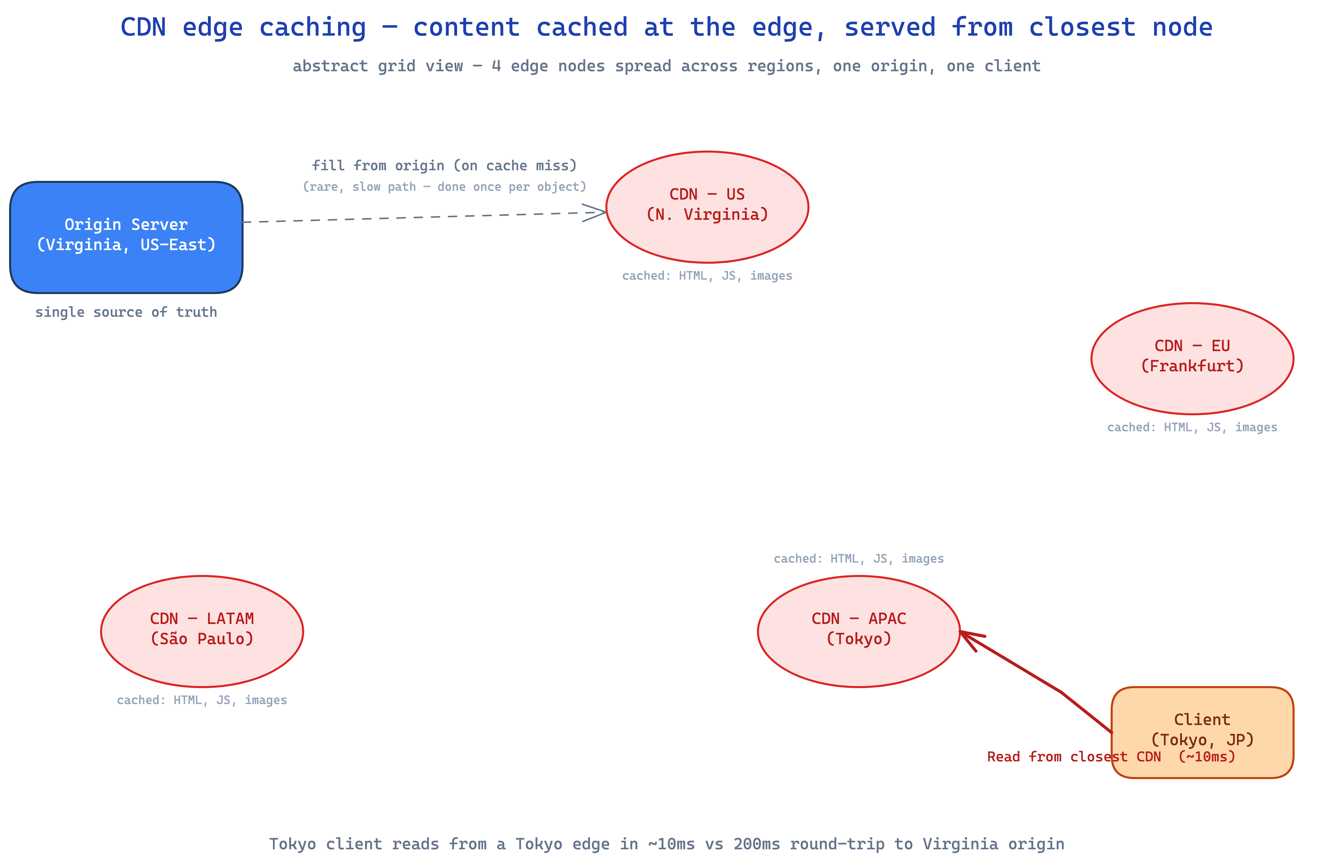 CDN edge caching — origin server in one region, CDN nodes worldwide; client reads from closest CDN