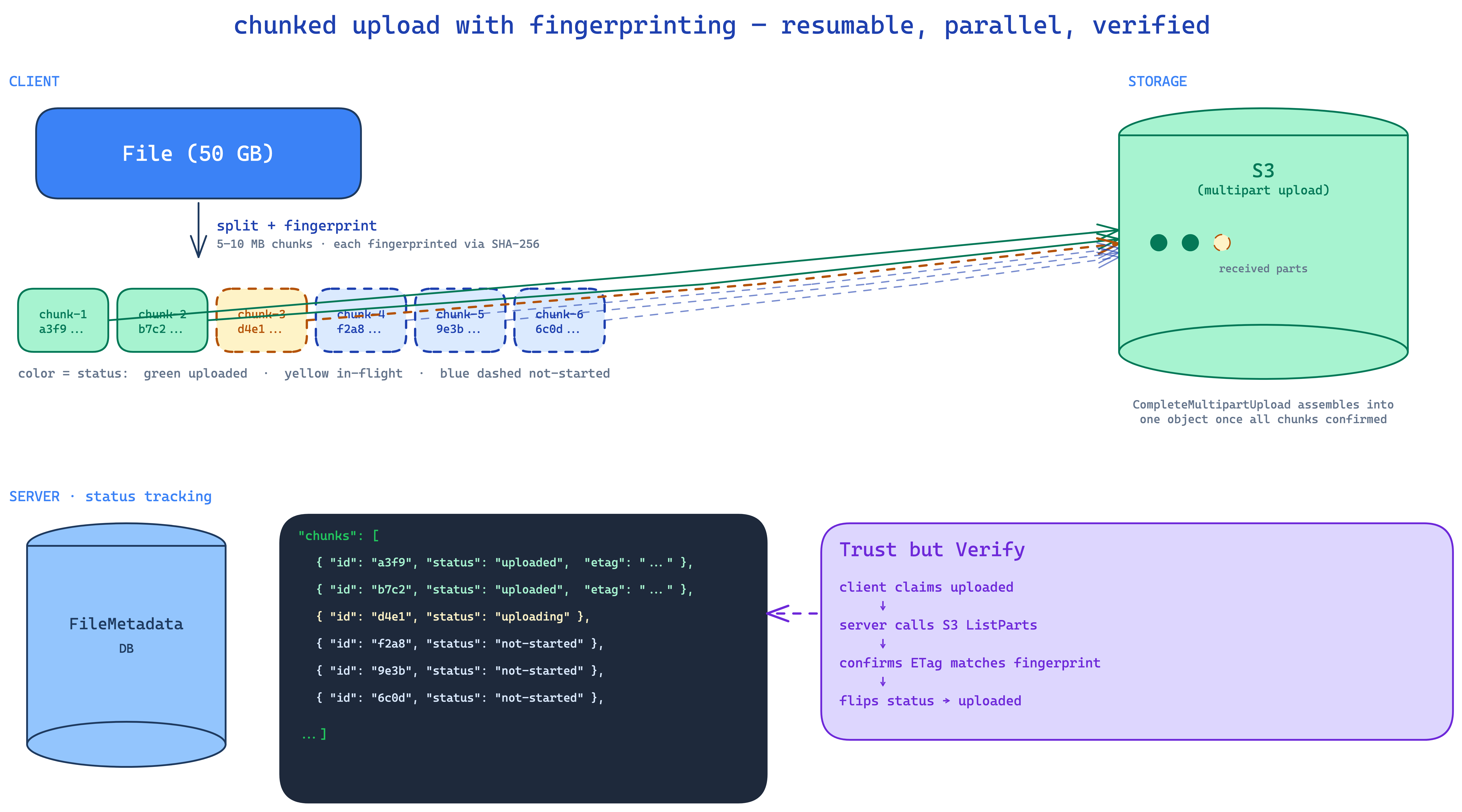 chunked upload with fingerprinting — client splits file, computes per-chunk fingerprints, uploads each chunk to S3 via presigned URL, server tracks status and verifies via ListParts