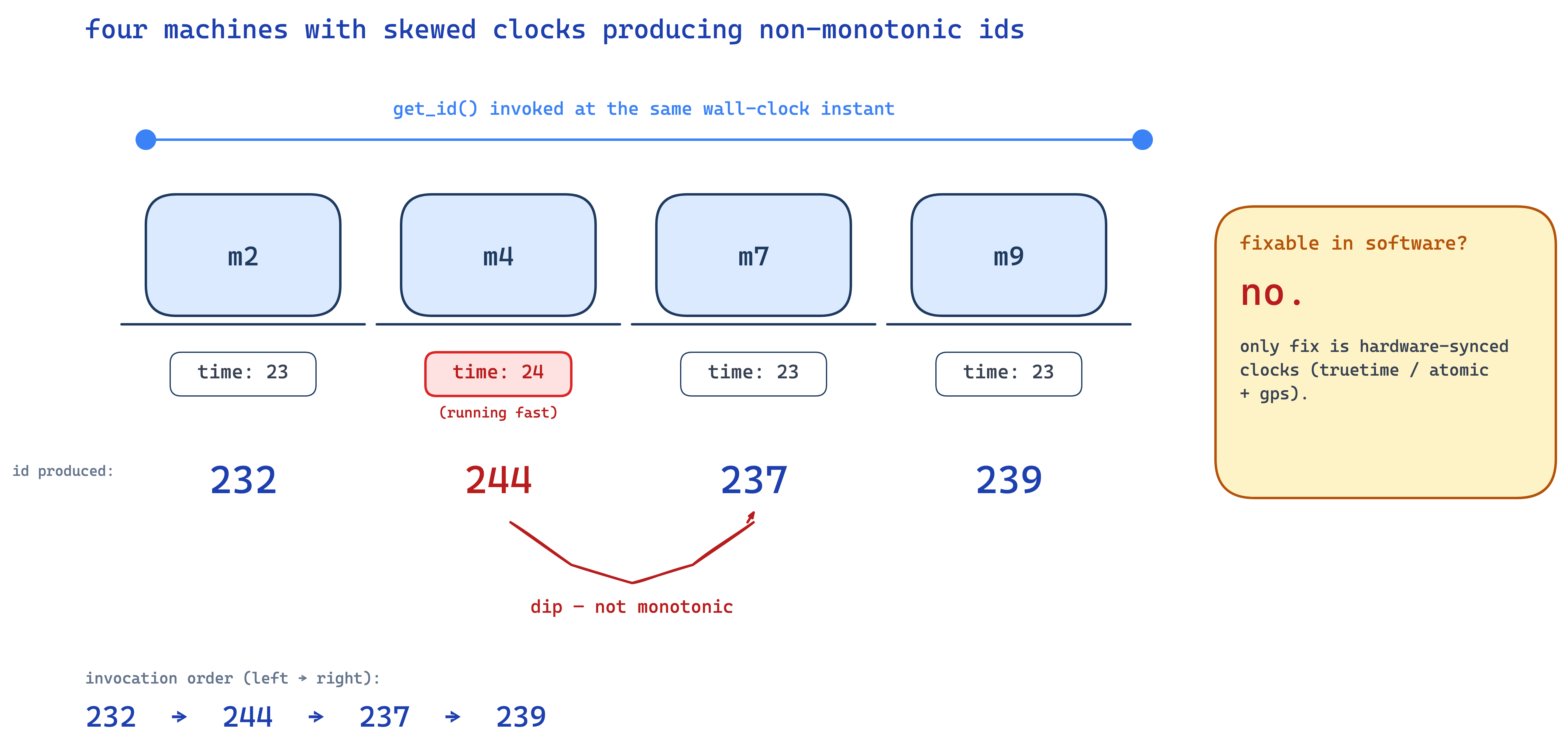 four machines with skewed clocks producing non-monotonic ids