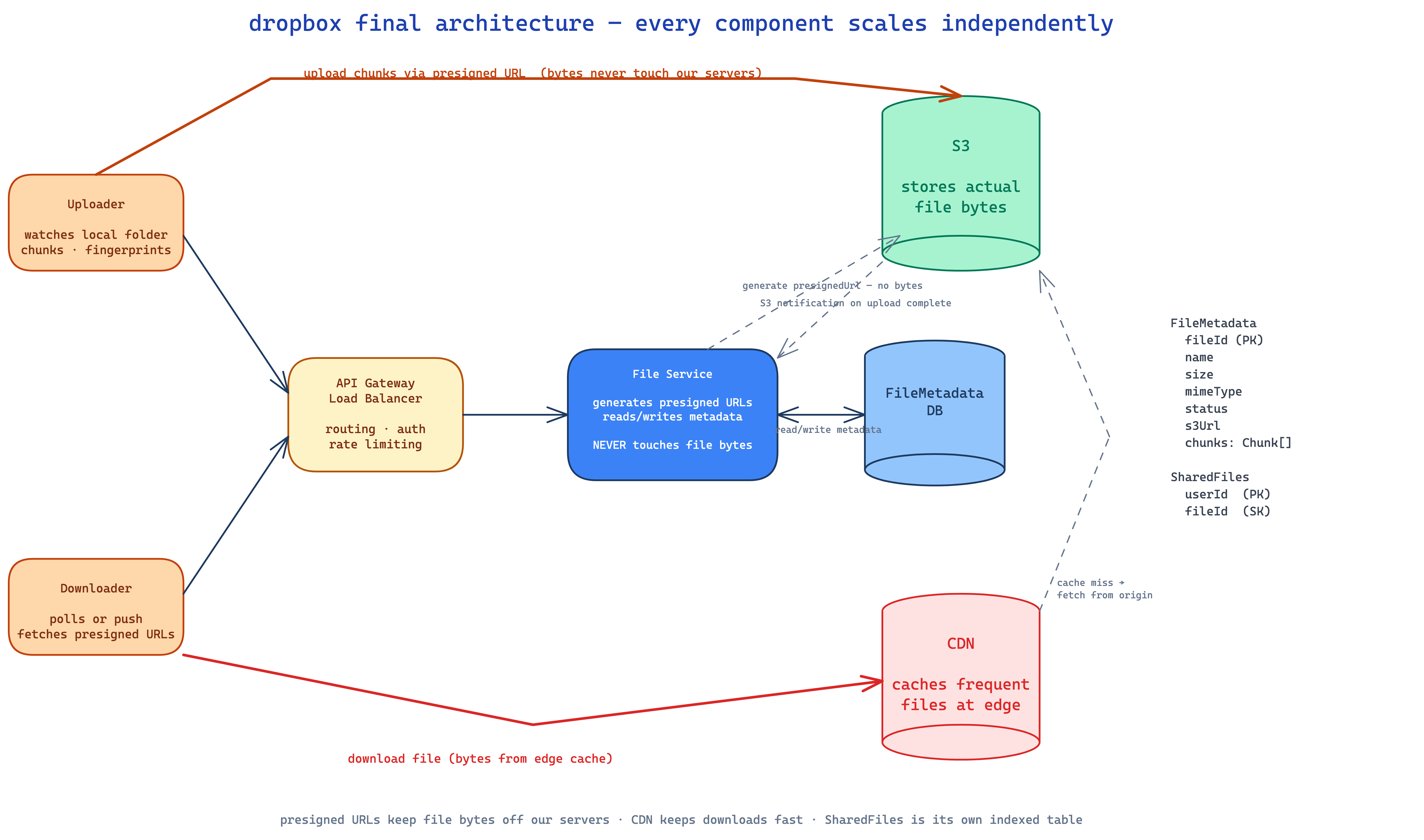 final dropbox architecture — uploader/downloader clients, API gateway, file service, file metadata DB, S3, CDN, SharedFiles table