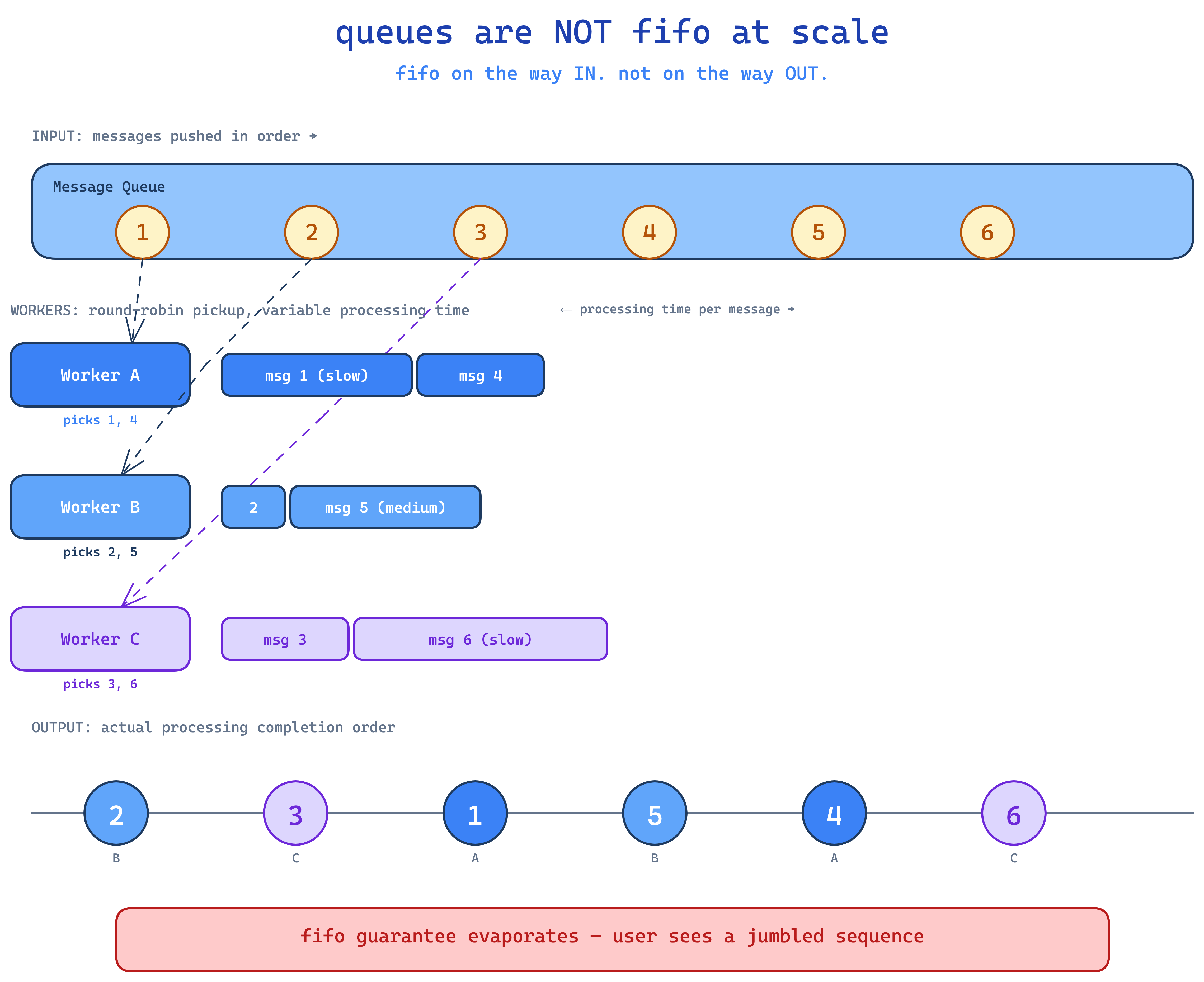 multiple workers consuming the same queue process messages out of order — fifo guarantee evaporates