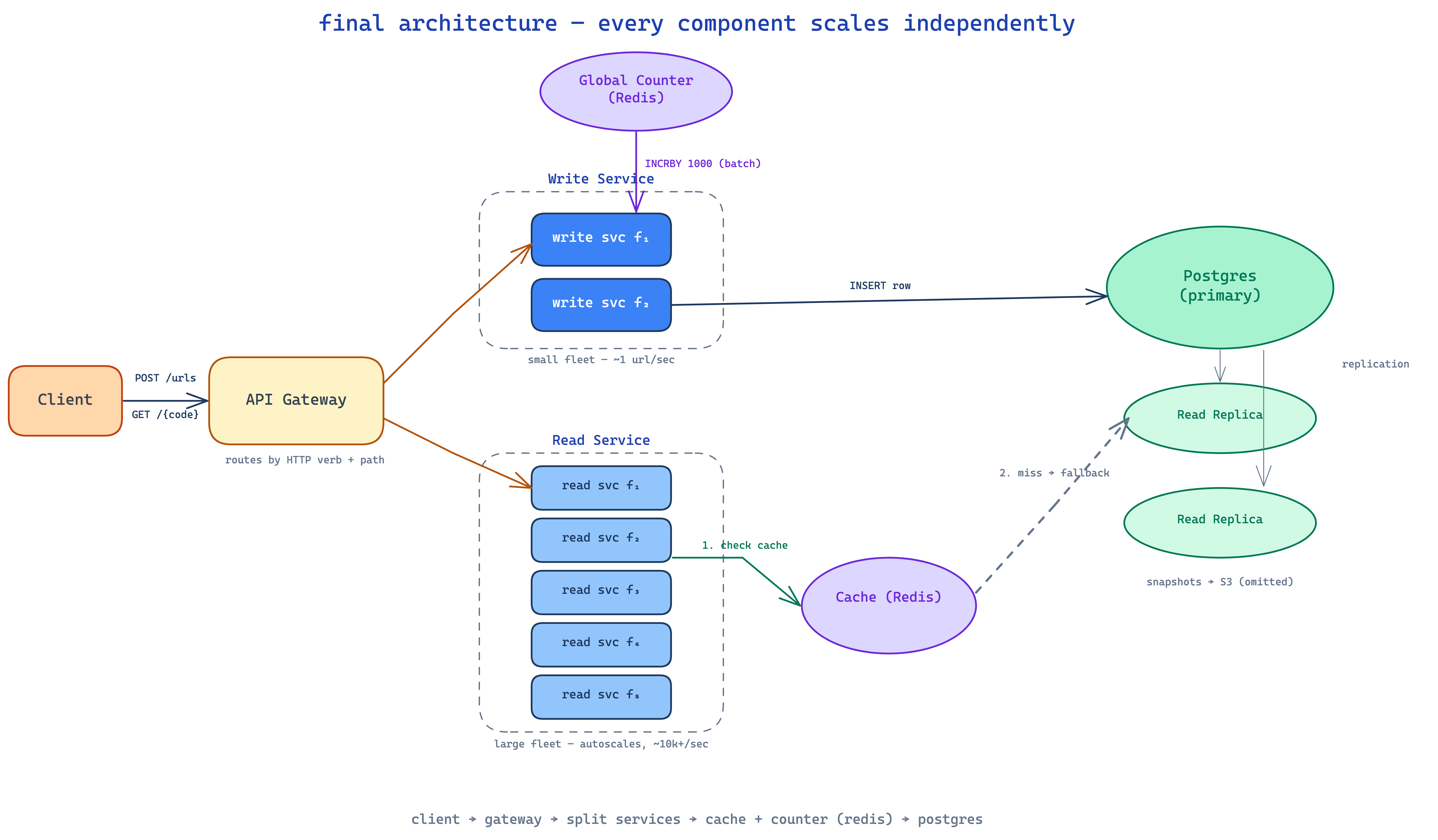 full bit.ly architecture — api gateway routing to read and write services, redis cache and global counter, postgres database with replicas
