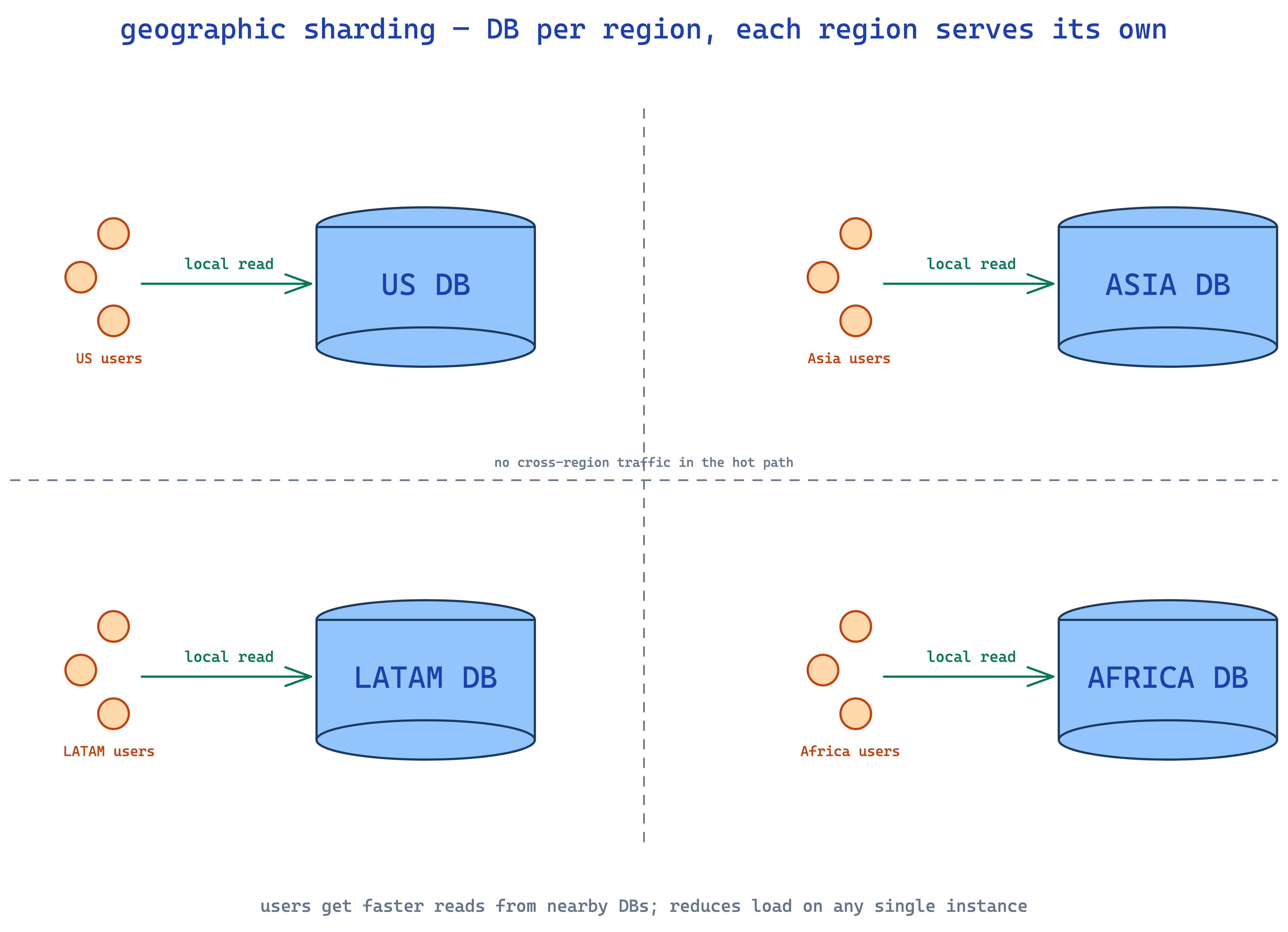 geographic sharding — DBs per region, each region serves its own