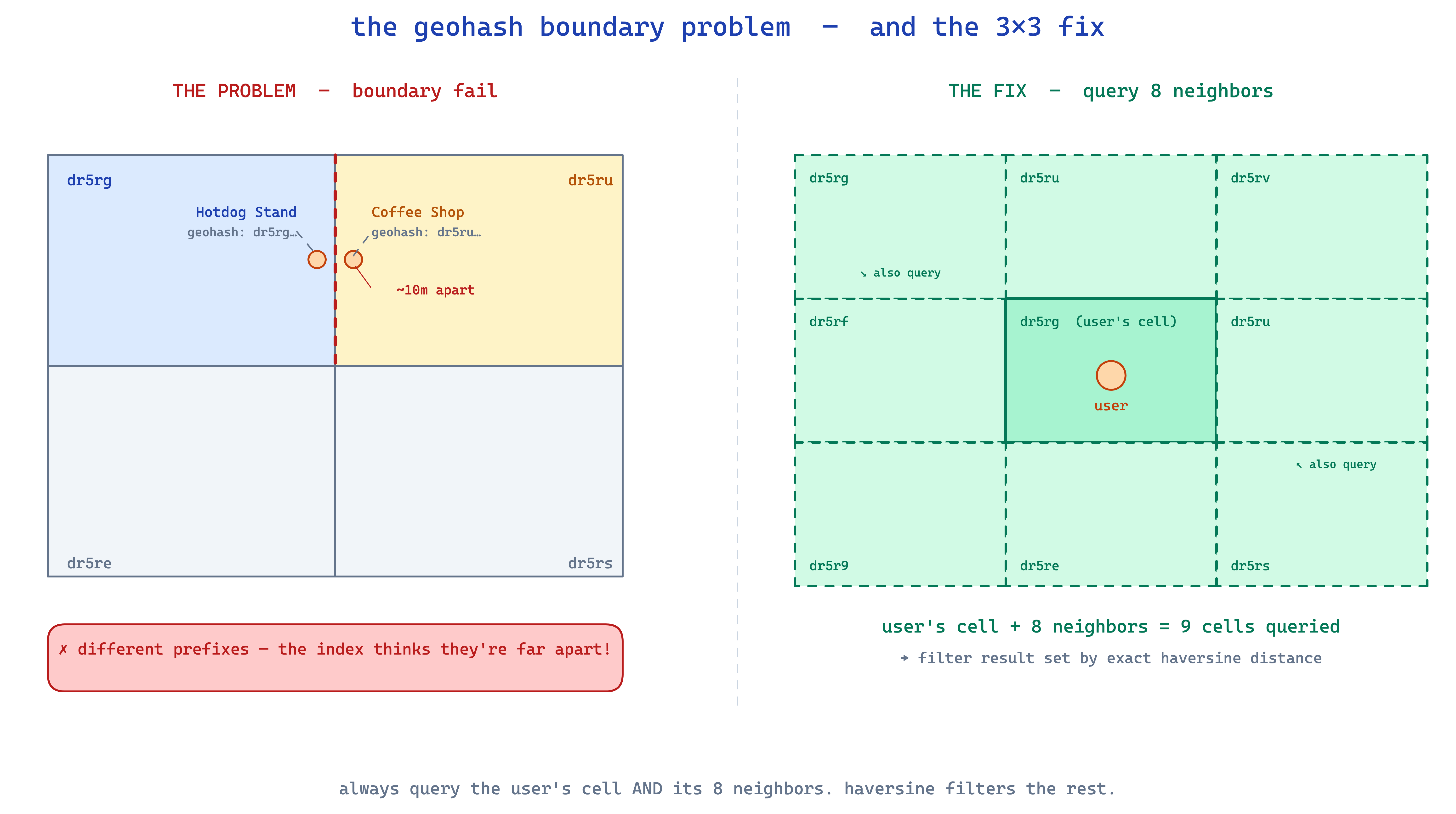 geohash boundary problem — two nearby points on opposite sides of a cell boundary get totally different prefixes; fix is to query the user's cell + its 8 neighbors