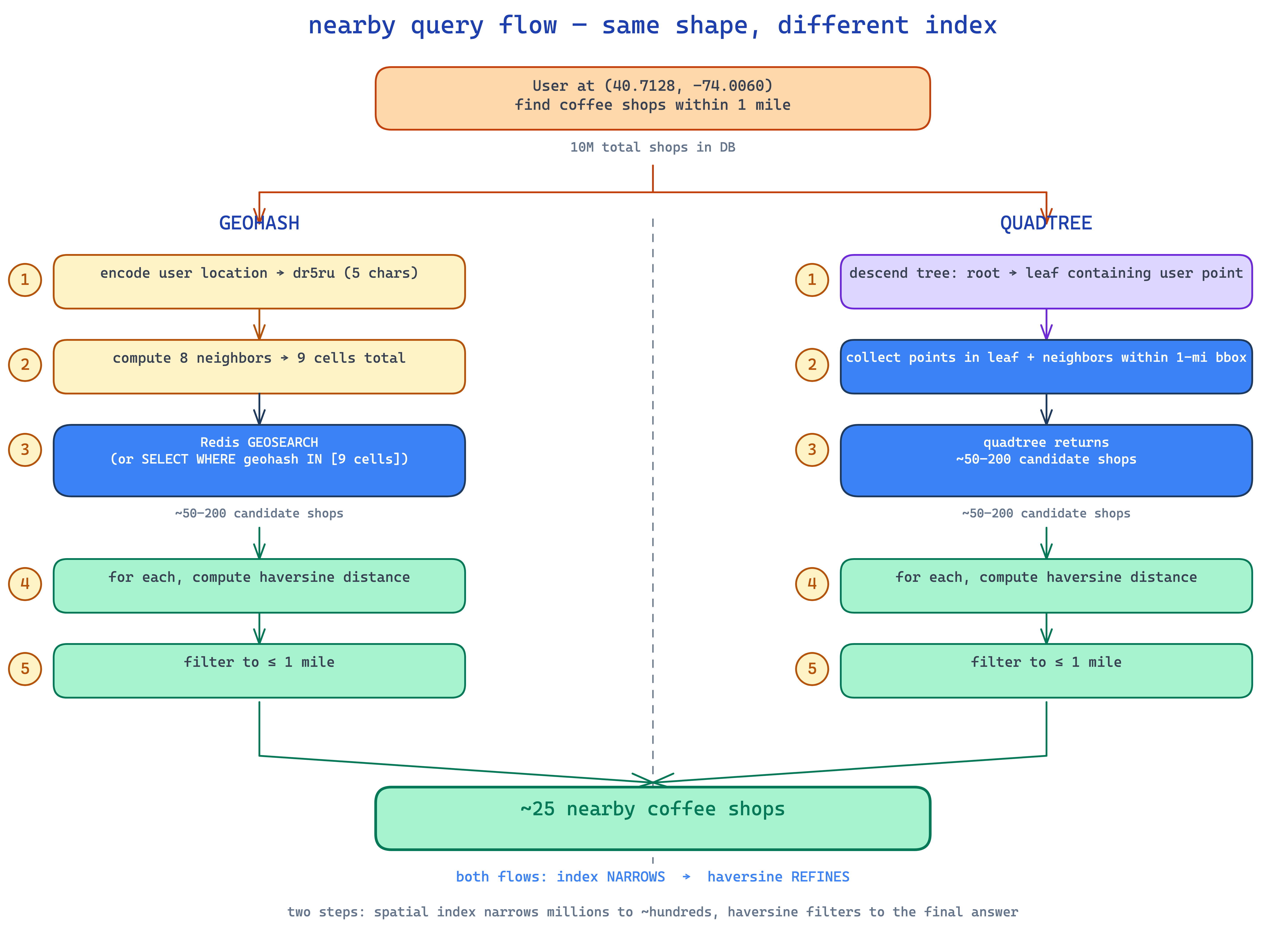 both flows side-by-side — spatial index narrows candidates from 10M to ~100, then exact haversine distance filter yields the final answer