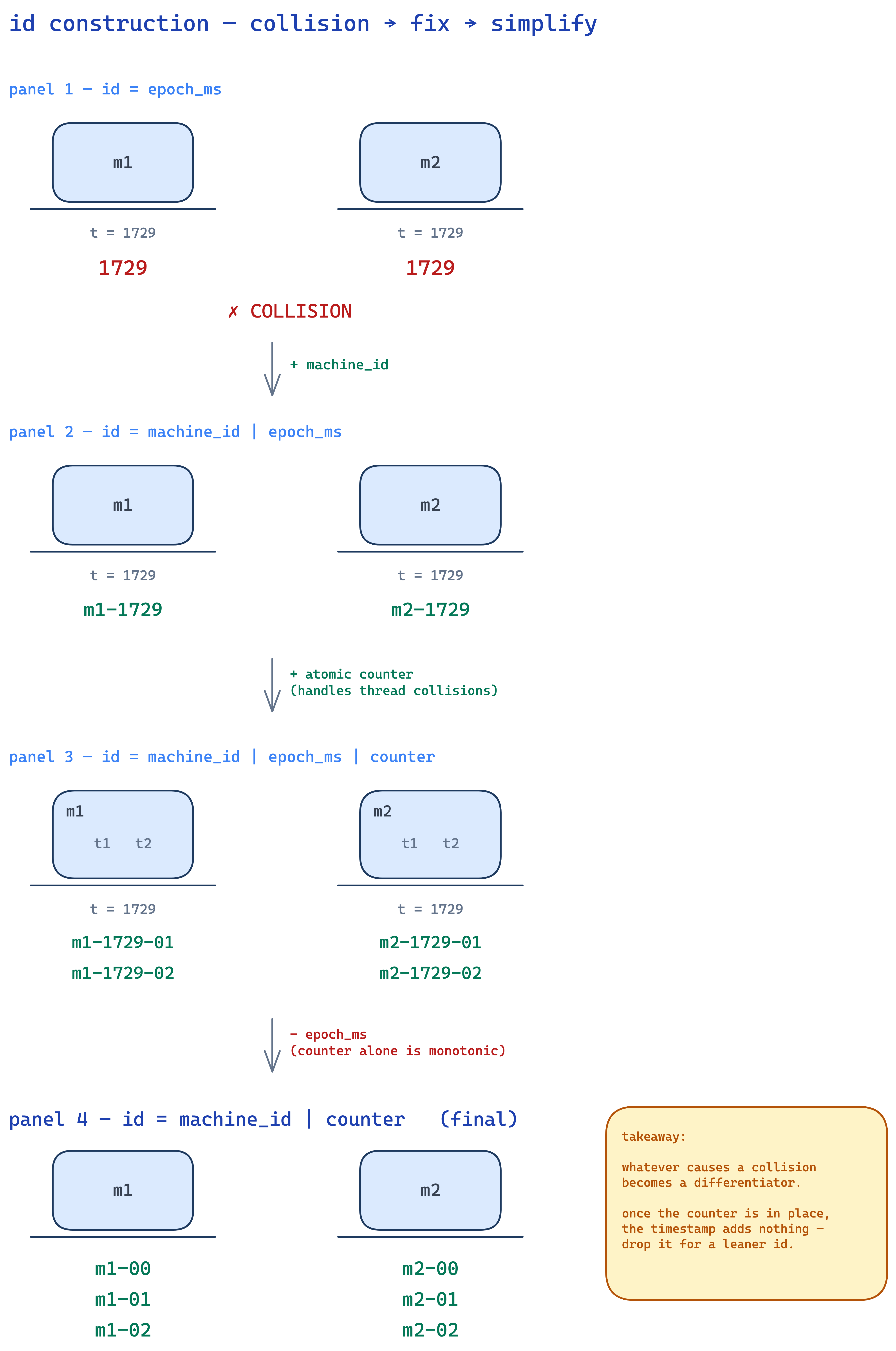 id construction — collision → fix → simplify