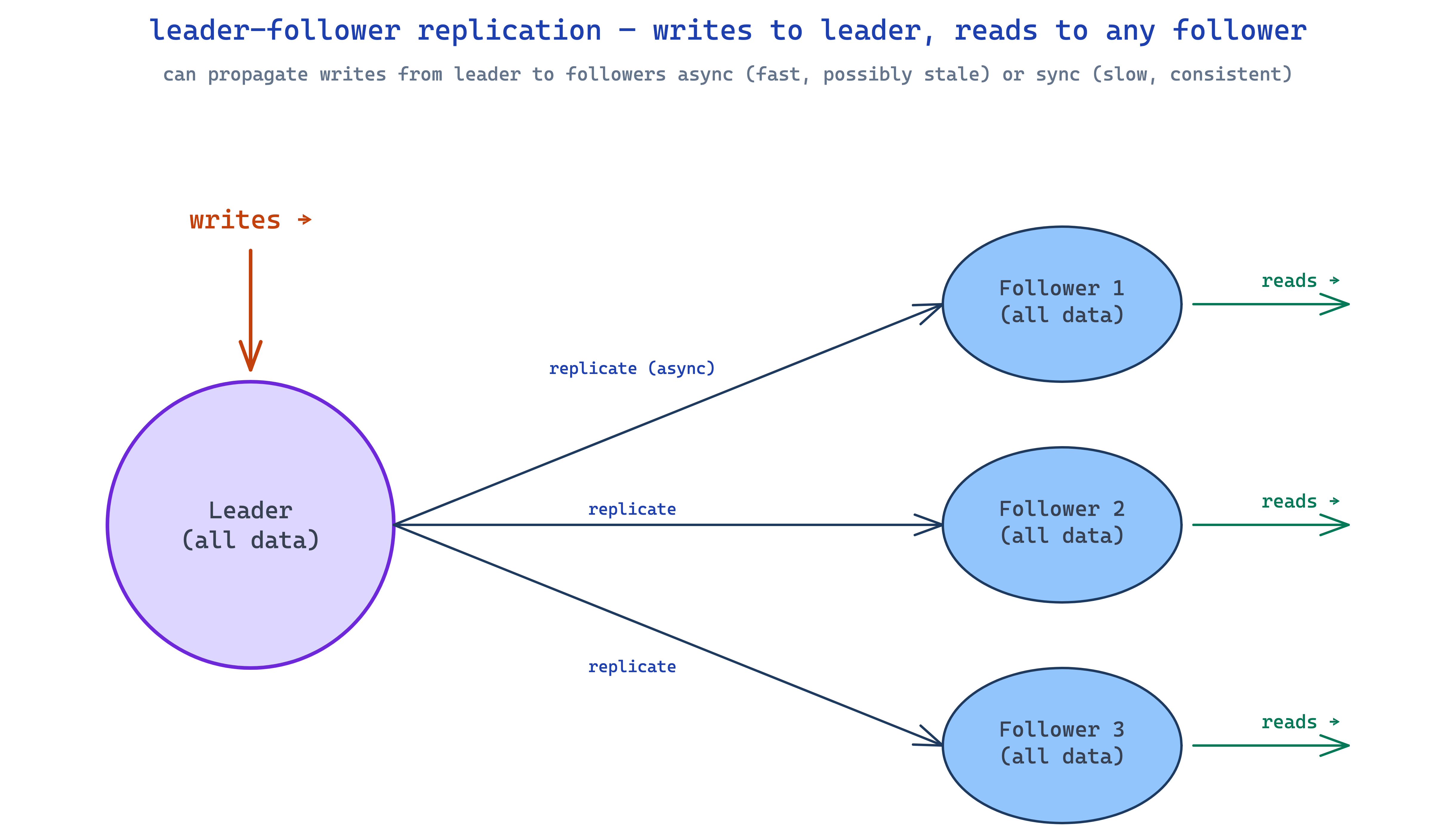 leader-follower replication — leader pushes writes to followers, followers serve reads