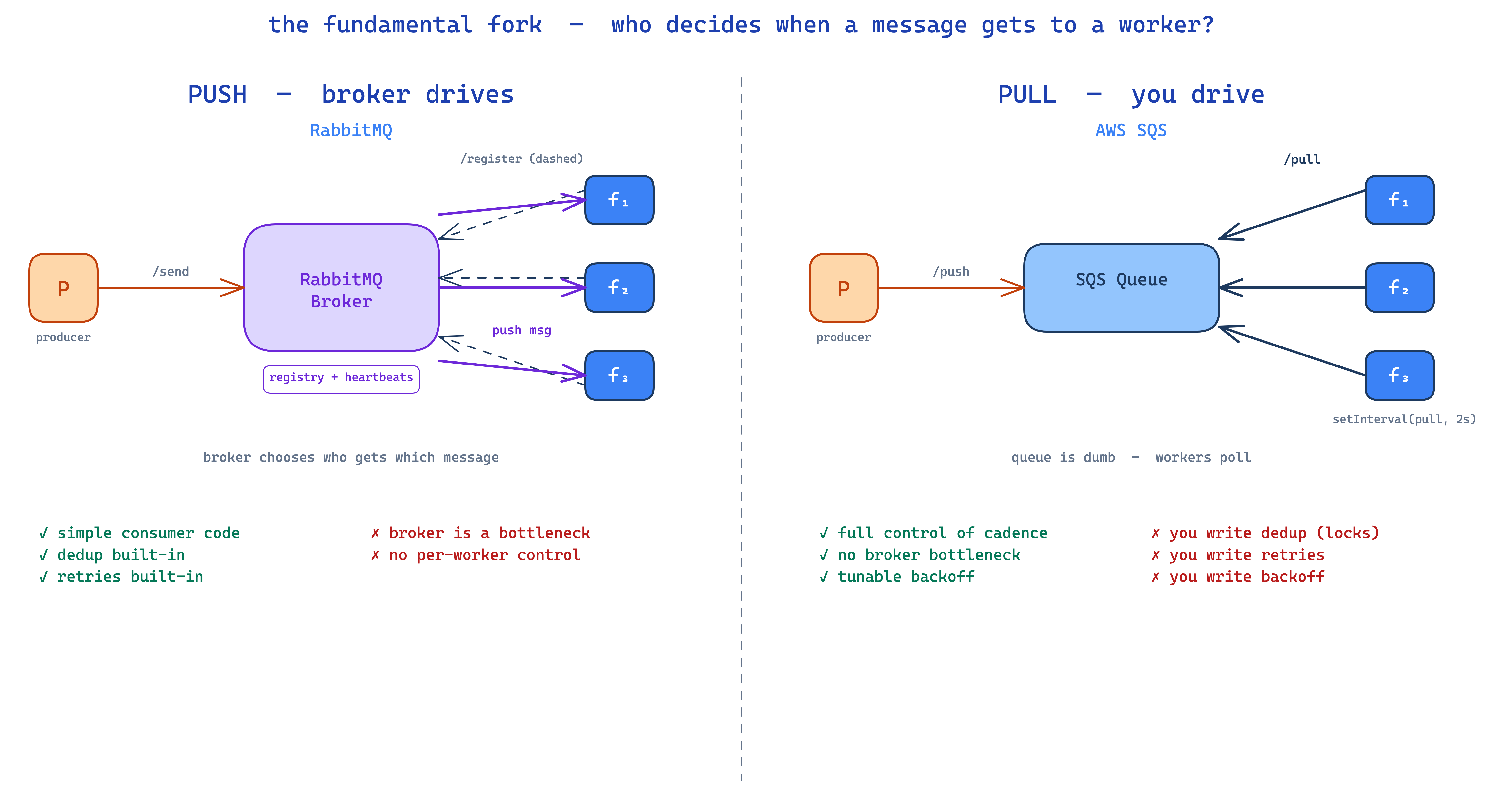 push vs pull: rabbitmq broker dispatching to registered workers vs sqs consumers polling on their own schedule