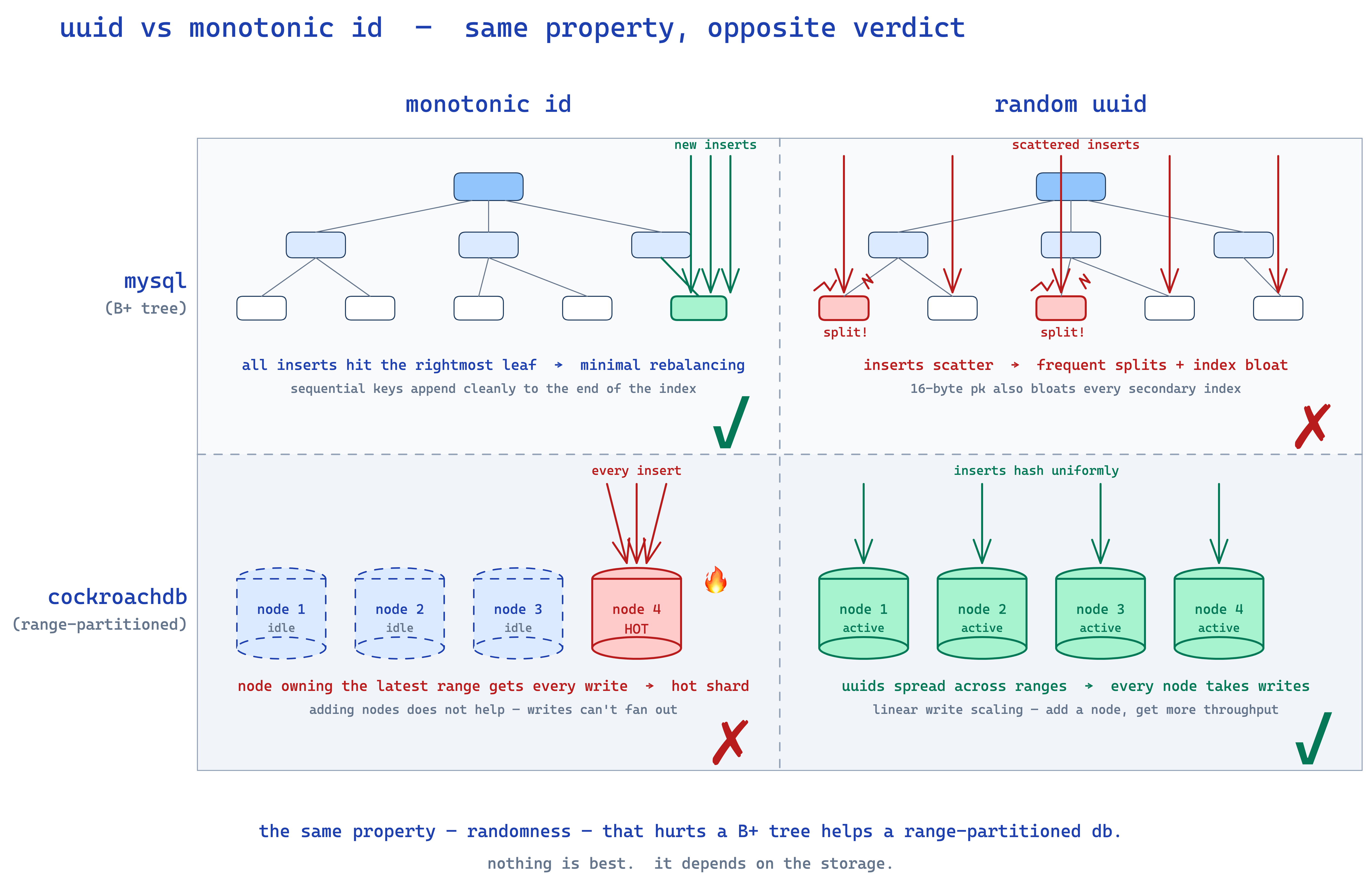 uuid vs monotonic id — same property, opposite verdict