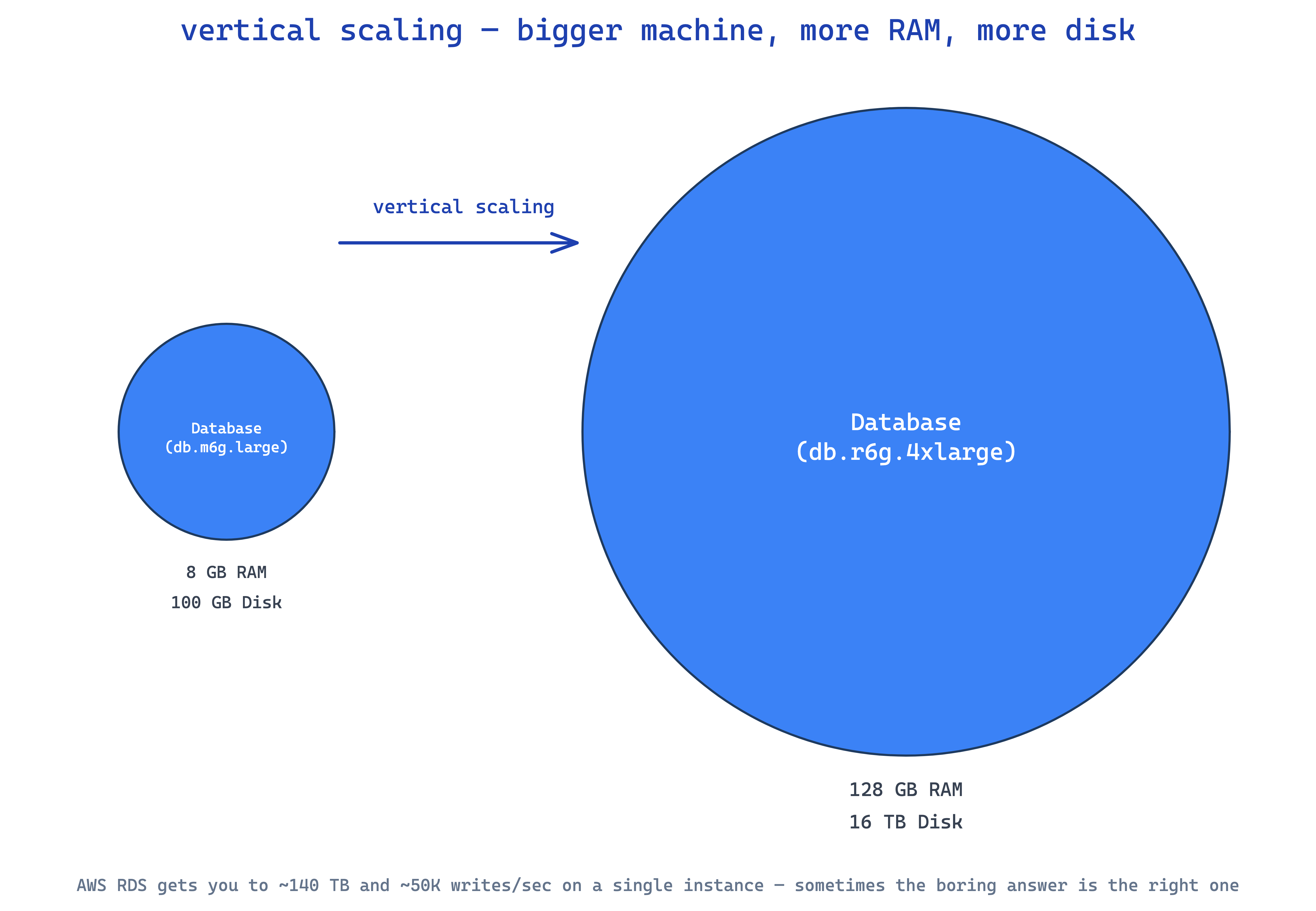 vertical scaling — small db (8GB / 100GB) vs big db (128GB / 16TB)