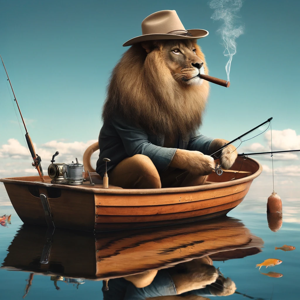 A male lion smoking a cigar while sitting in a boat and casting a fishing rod