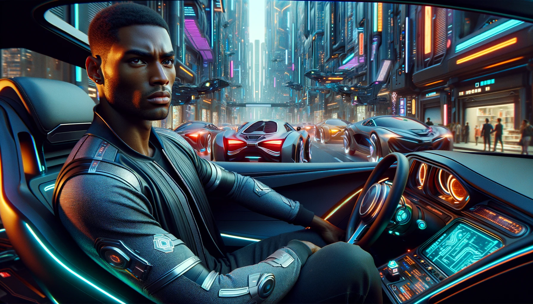 A man sitting inside a futuristic car in a futuristic city