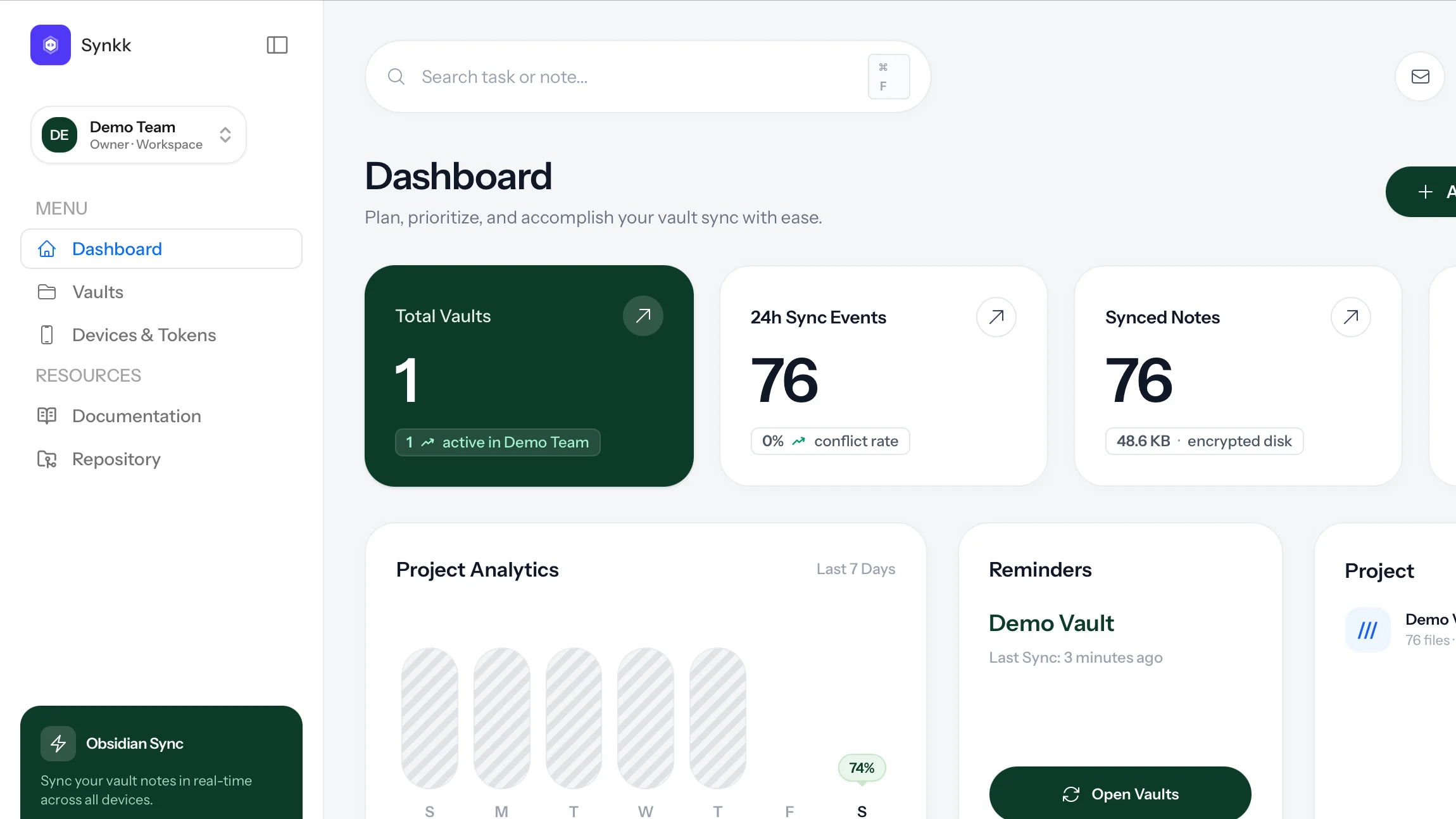 Synkk plugin connected to the web dashboard