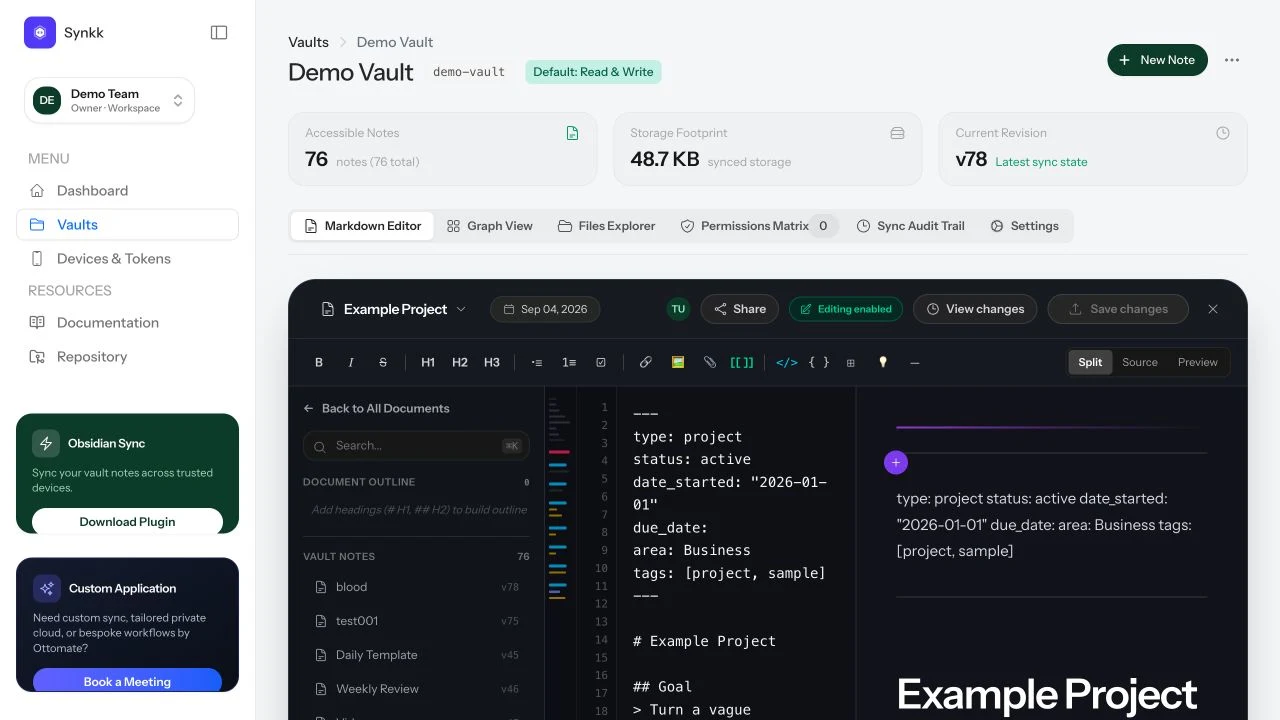 Synkk Markdown editor showing source mode, outline, and preview
