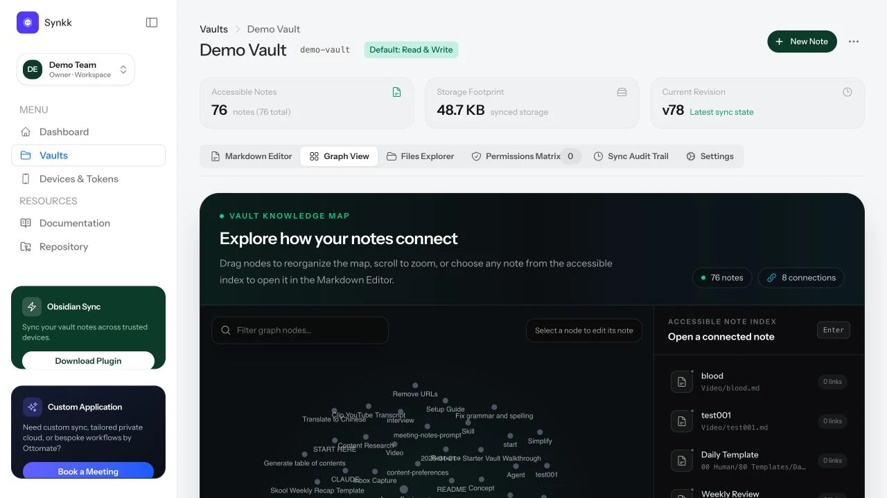 Synkk graph view showing linked notes and graph navigation