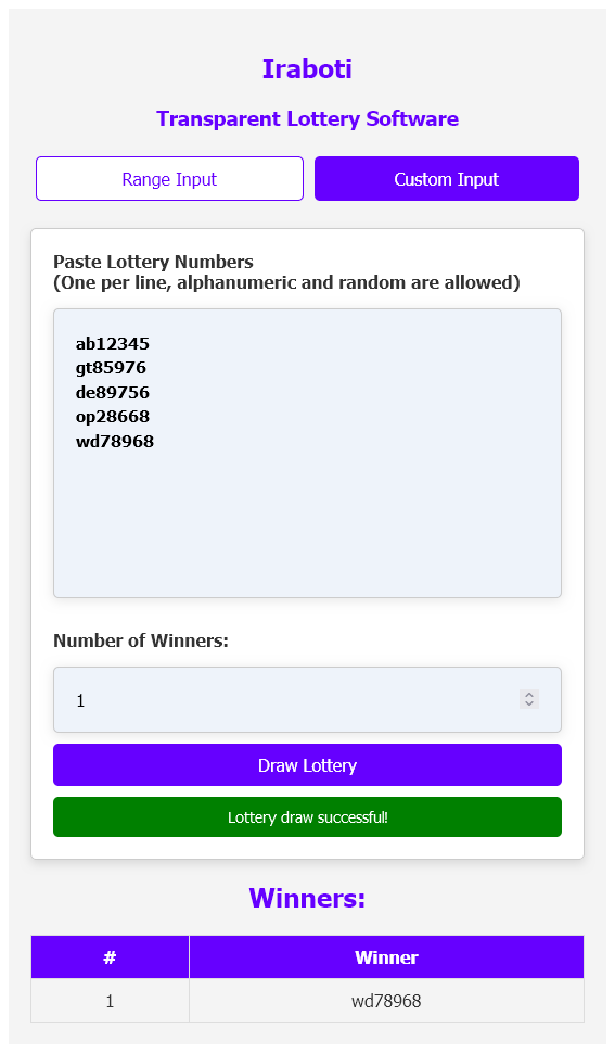 Choose lottery winners using both letters and numbers