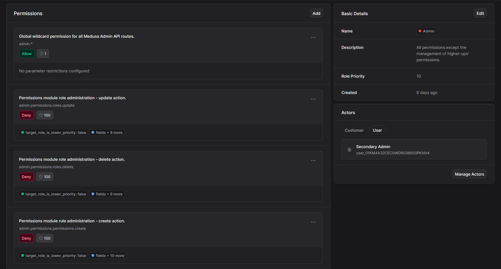 Role details and permission assignments
