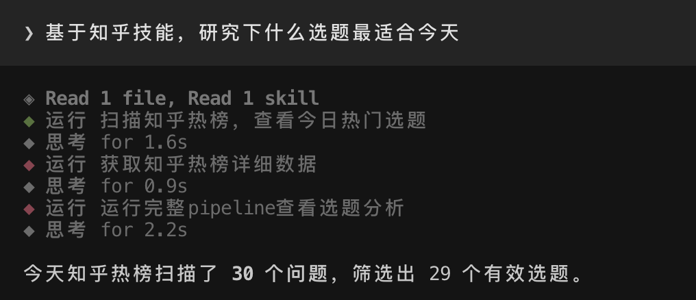 真实任务执行记录：读取文件、联网扫描知乎热榜、思考计时，最后给出选题结论