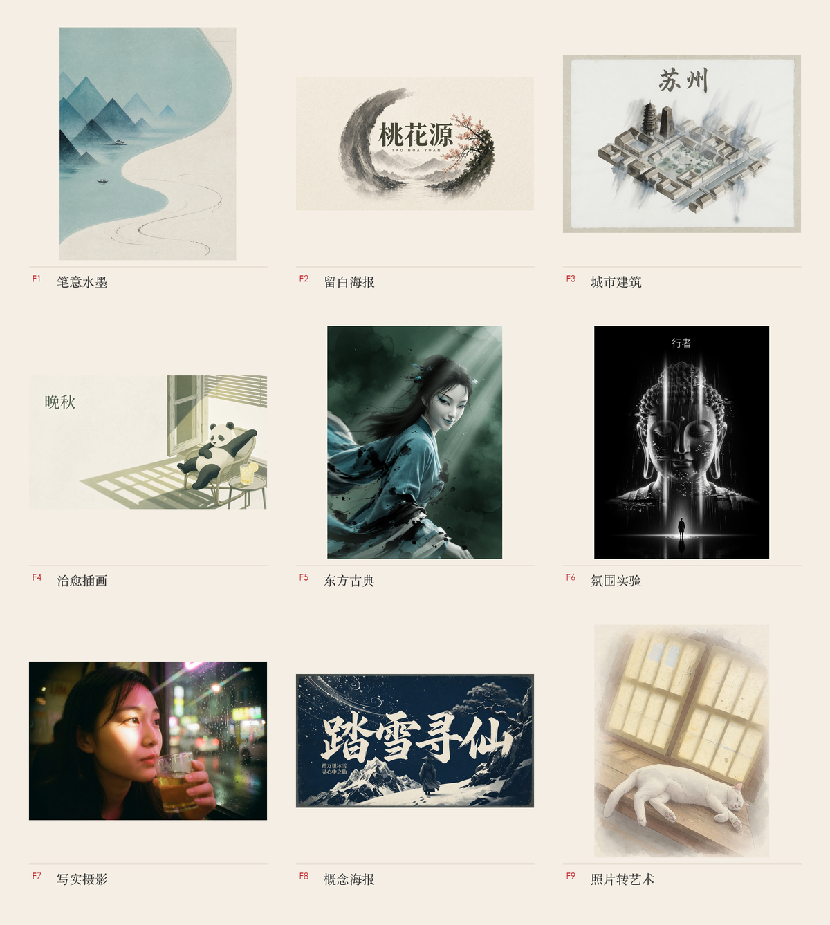 九个家族经典成图：笔意水墨、留白海报、城市建筑、治愈插画、东方古典、氛围实验、写实摄影、概念海报、照片转艺术