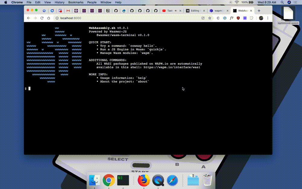 Gif of installing Web Assembly s h and running some wapm and local wasm modules