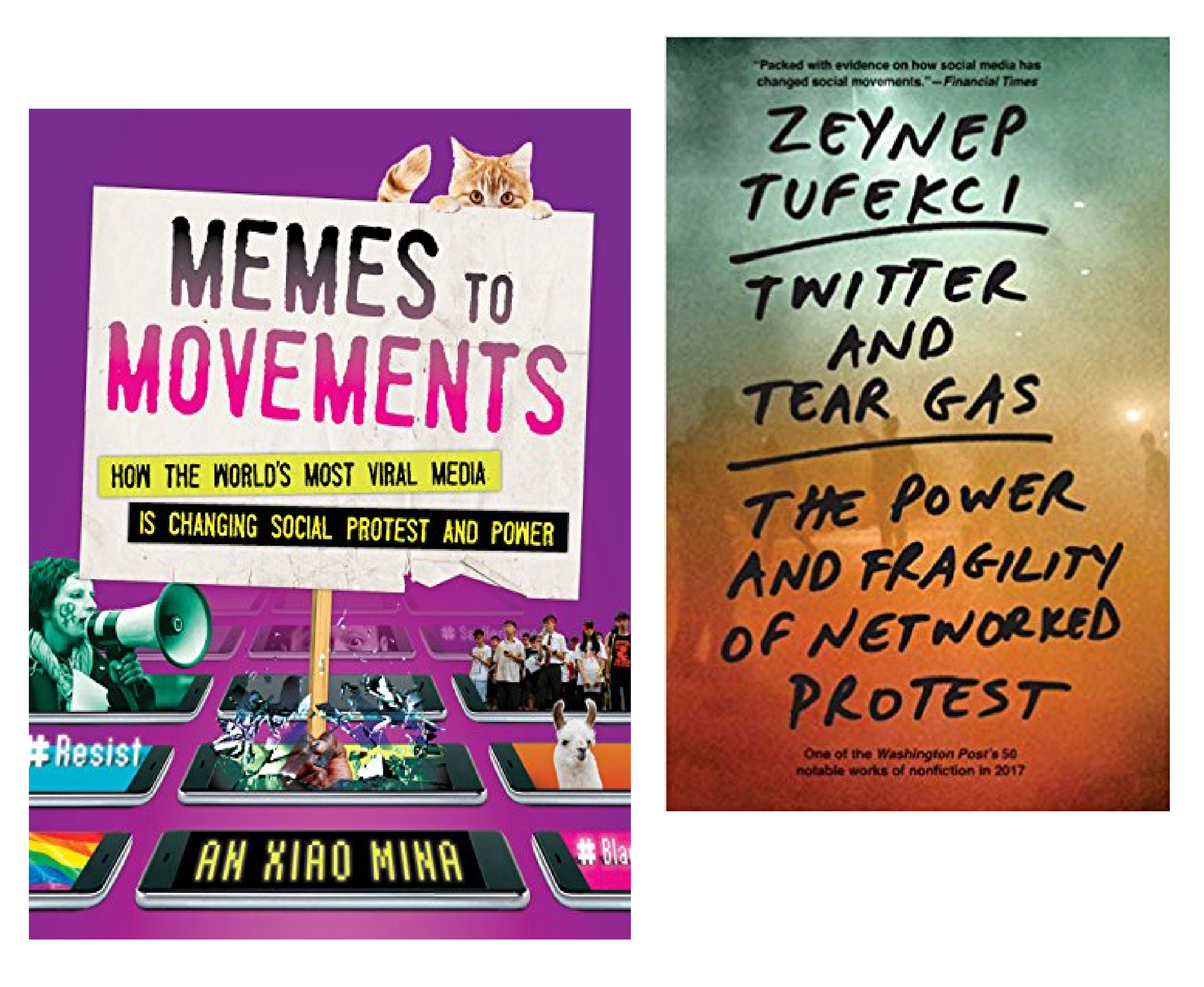 Memes to Movements Cover Image, written by An Xiao Mina (2019) and Twitter and Tear Gas: The Power and Fragility of Networked Protest by Zeynep Tufekci (2018)