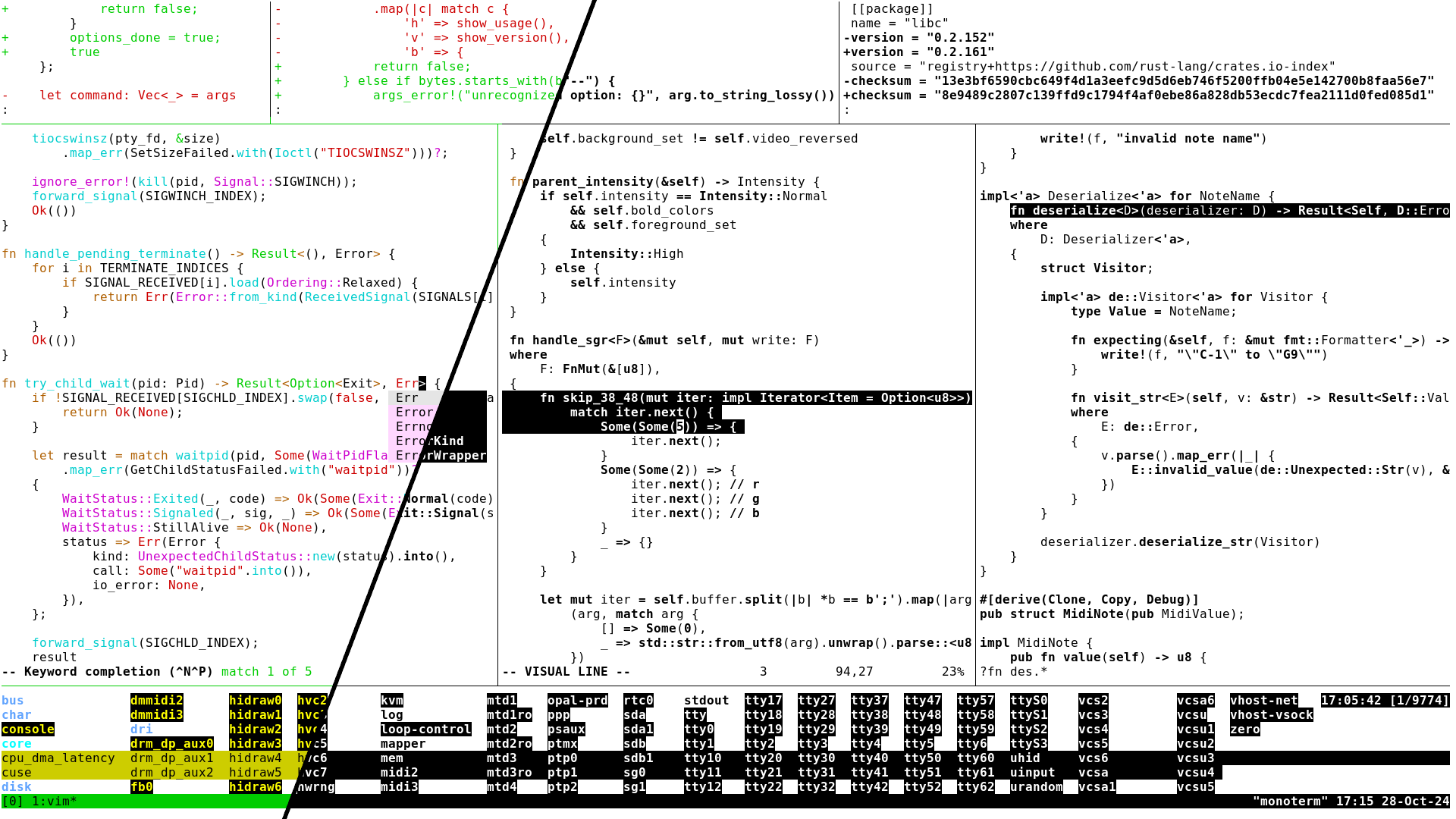 A screenshot of a terminal with a line separating the image into two parts. The left side includes many colors, while the right side is entirely black and white.