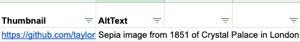 Image is screenshot showing an image link in column a column titled Thumbnail and alternative text in column a column titled AltText