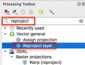 Image is a screenshot highglighting the Reproject layer tool in the processing toolbox