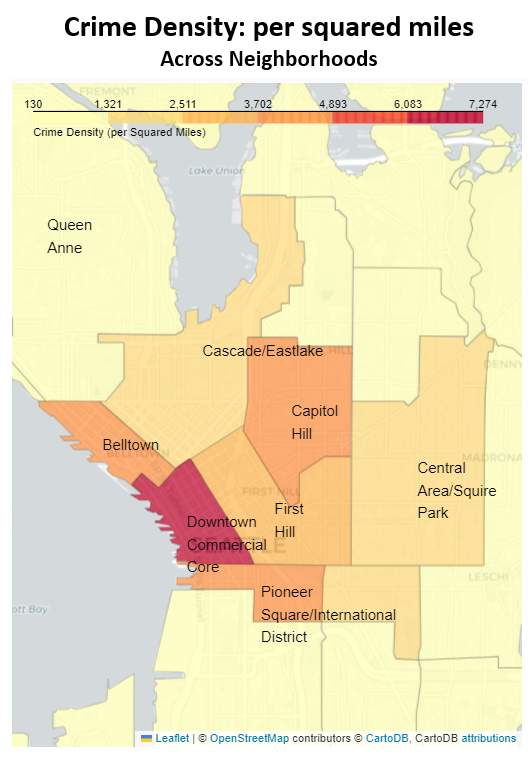 Figure 8: Seattle neighborhoods' crime rate per square miles