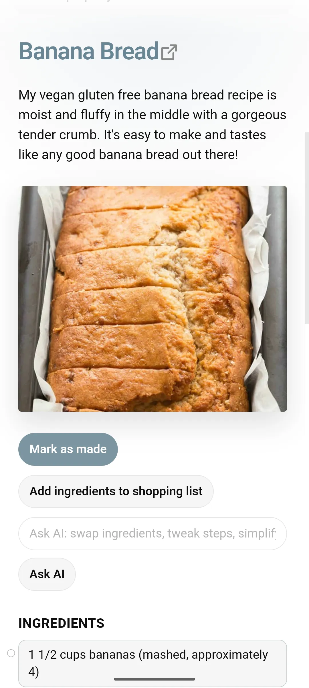 A recipe note with built-in action buttons