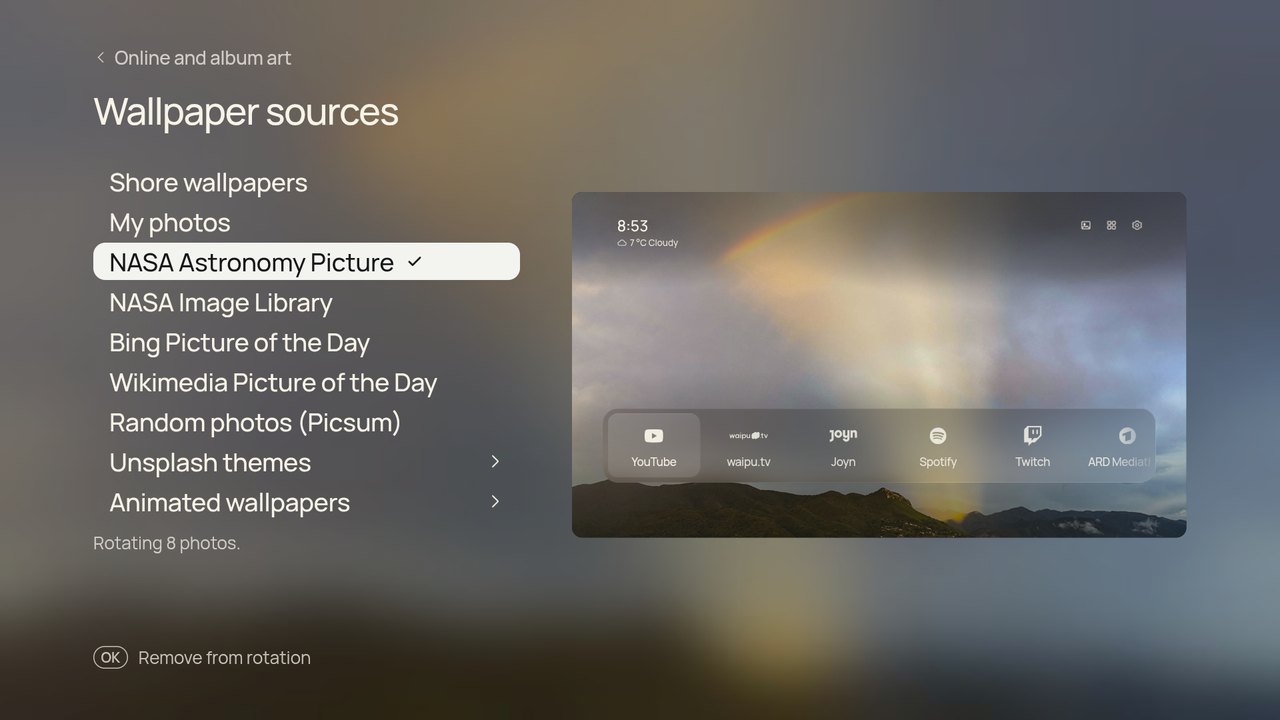 Wallpaper sources with NASA, Bing, Wikimedia and others ticked