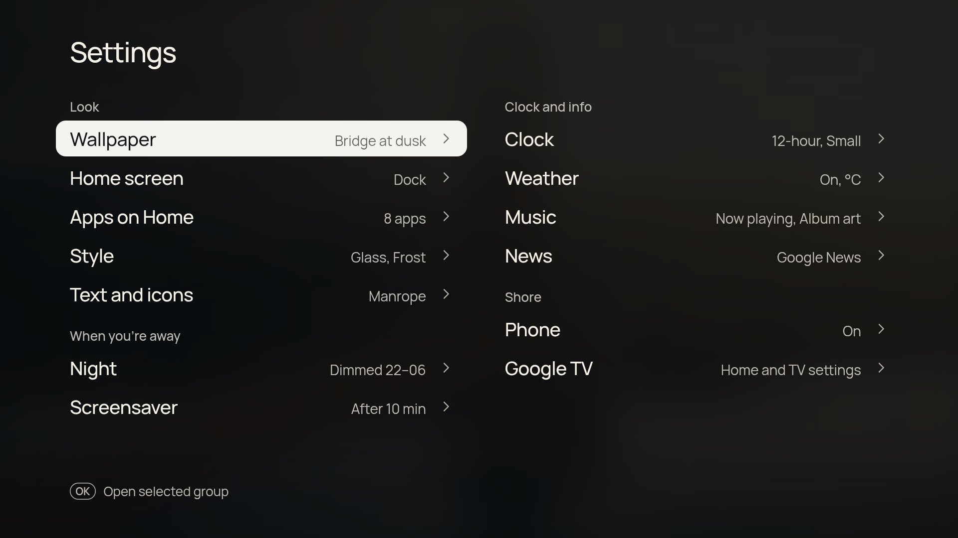 Settings in two columns