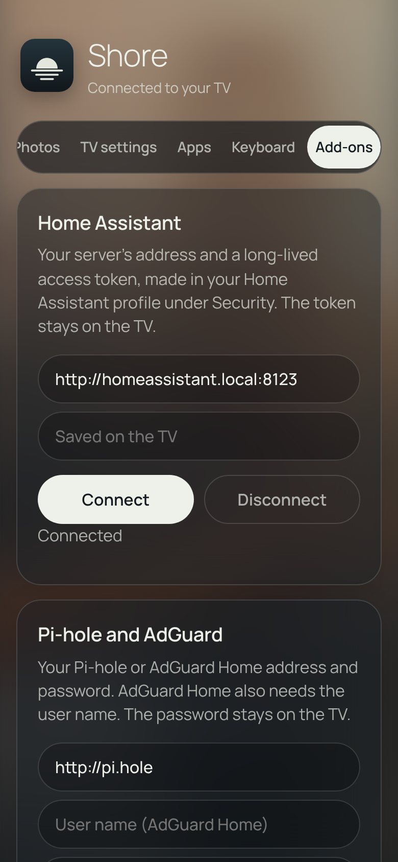Add-ons tab with Home Assistant and Pi-hole connected