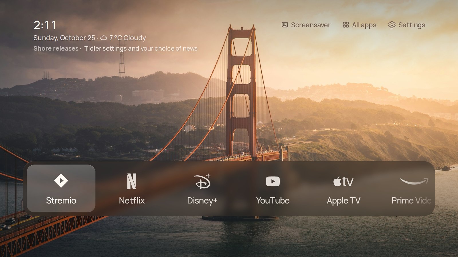 Shore's Home screen: the time, the weather, one headline and a dock of apps over a photo of the Golden Gate Bridge